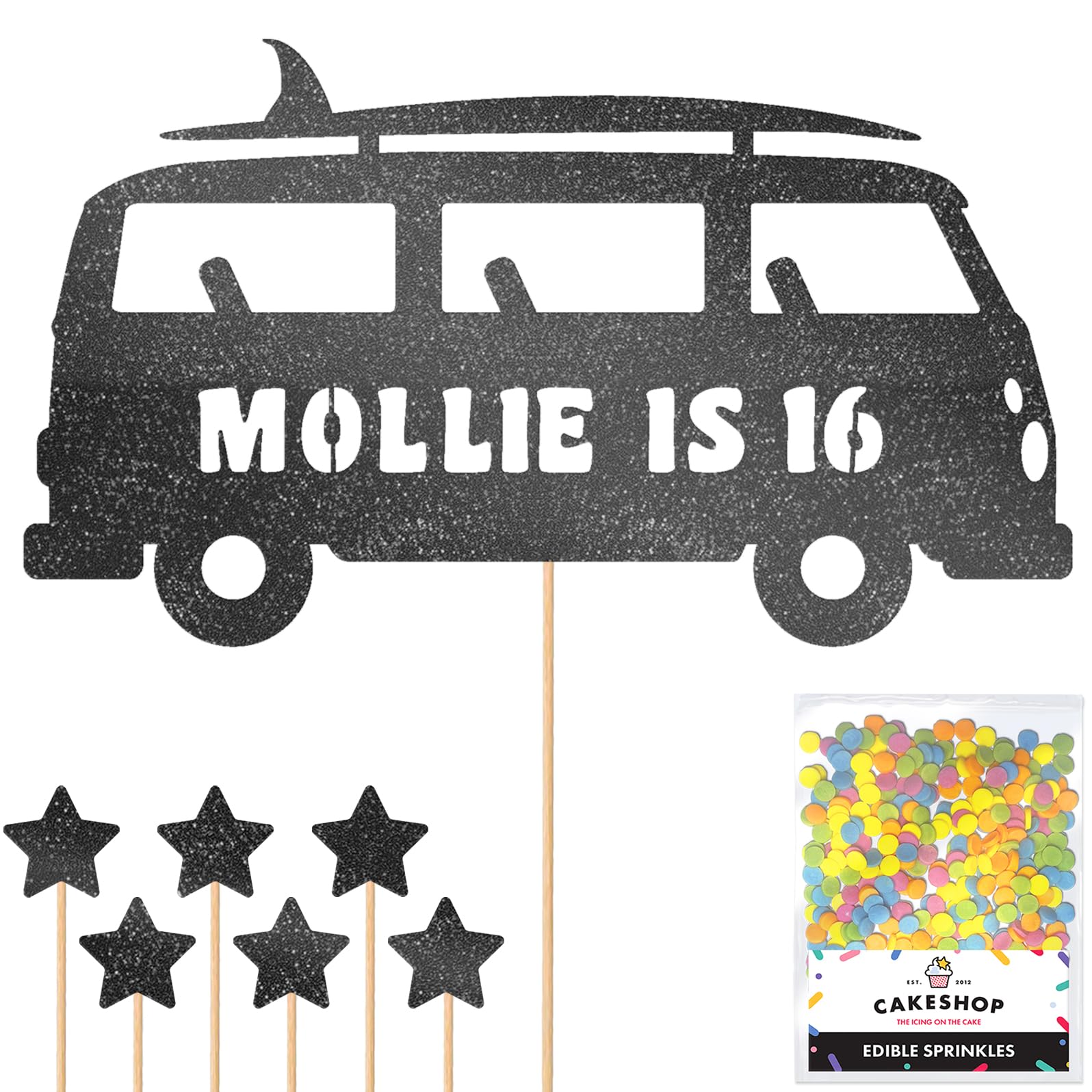 Personalised 60's Camper Surfer Surf Glitter Cake Topper- Black Any Custom Age & Name Glitter Cake Decoration and Sprinkles - Happy Birthday Decorations - Personalised Toppers for Cakes by Cakeshop — image 1