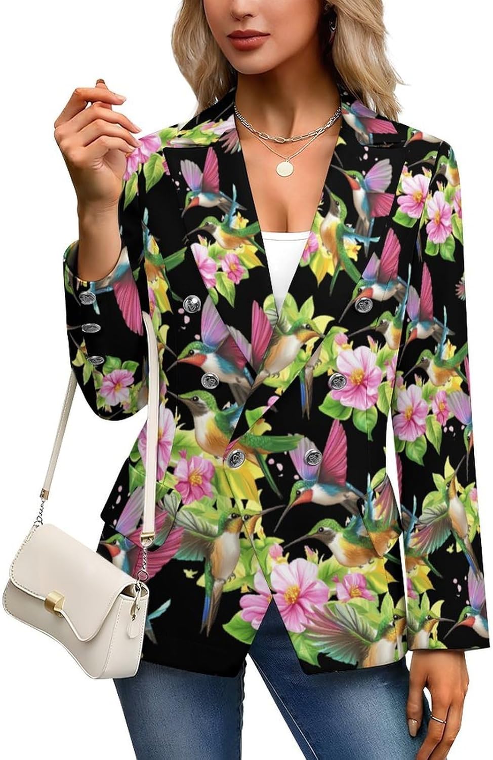 Hummingbirds Flowers Print Women's Blazer Long Sleeve Suits Business Casual Blazers Jackets Lapel Open Front Suit