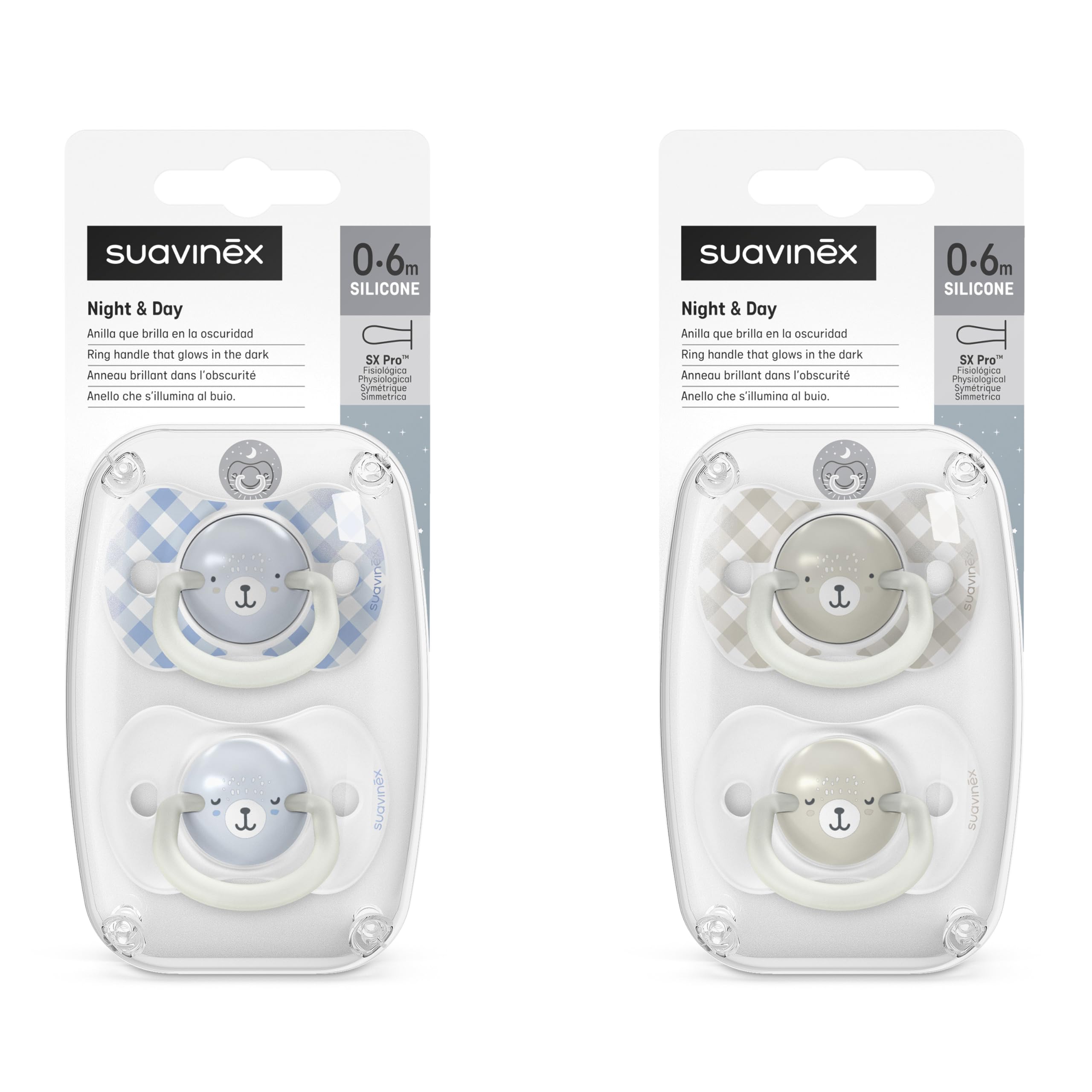 Suavinex, Pack de 4 Chupetes que Brillan en la Oscuridad, Bebés 0/6 Meses y Recién Nacidos, para Dormir, con Anilla Fluorescente y Tetina Fisiológica SX Pro de Silicona, Plana y Flexible, Azul