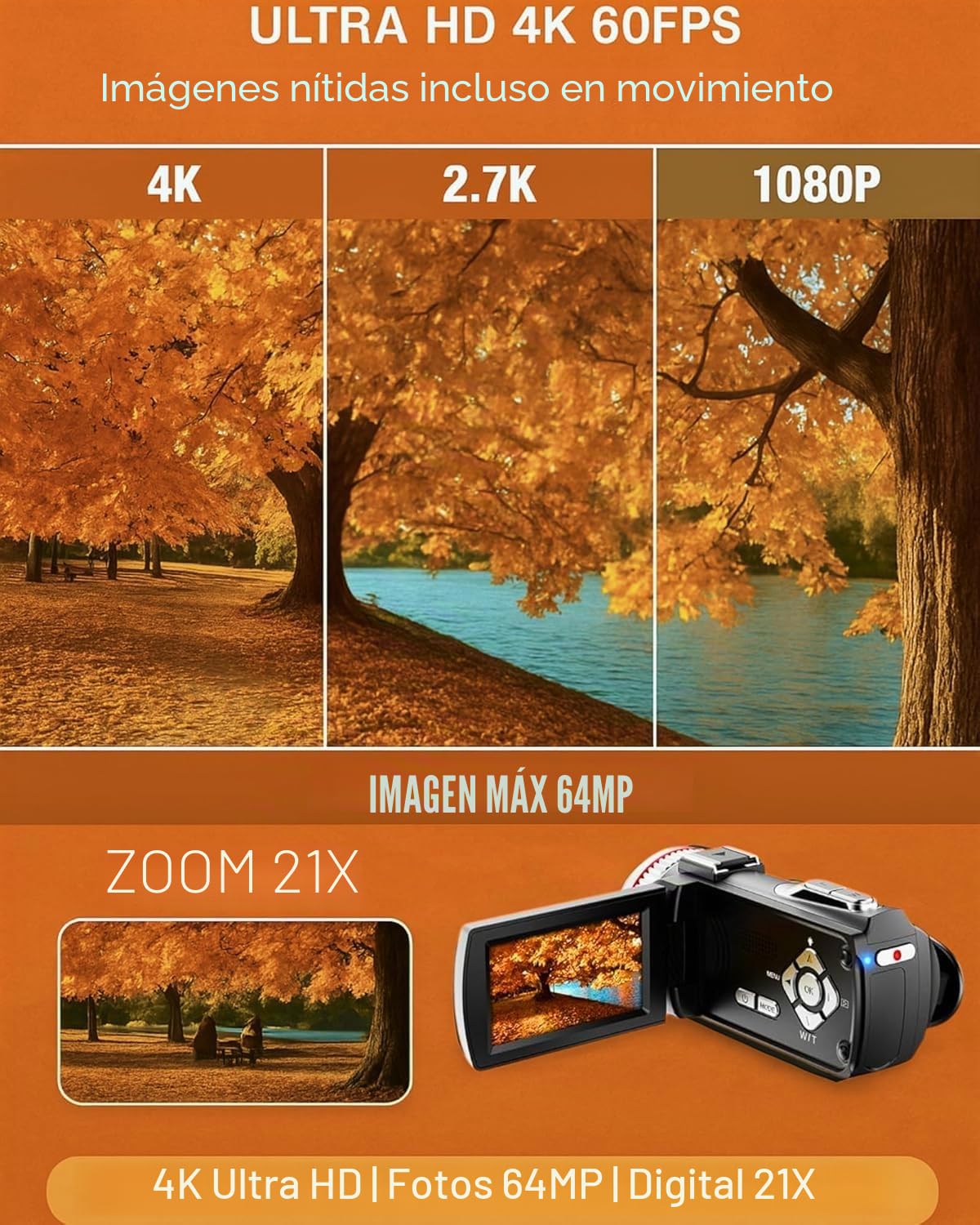 Cámara de Vídeo 4K 48MP, Videocámara con Zoom Digital 21X, Cámara de Vlogging con Pantalla de 3.0'' 270°, Cámara Vídeo con Luz de Relleno LED con 2 Baterías, Micrófono, Cable HDMI, Tarjeta de 32 GB