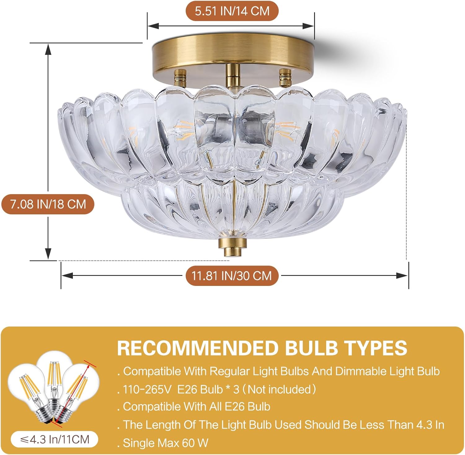 Mid Century Modern Gold Semi Flush Mount Ceiling Light Fixture,3 Lights Flower Glass Close to Ceiling Lighting Fixtures for Bedroom Hallway Kitchen Foyer Bathroom Closet Laundry Room 11.8 inch