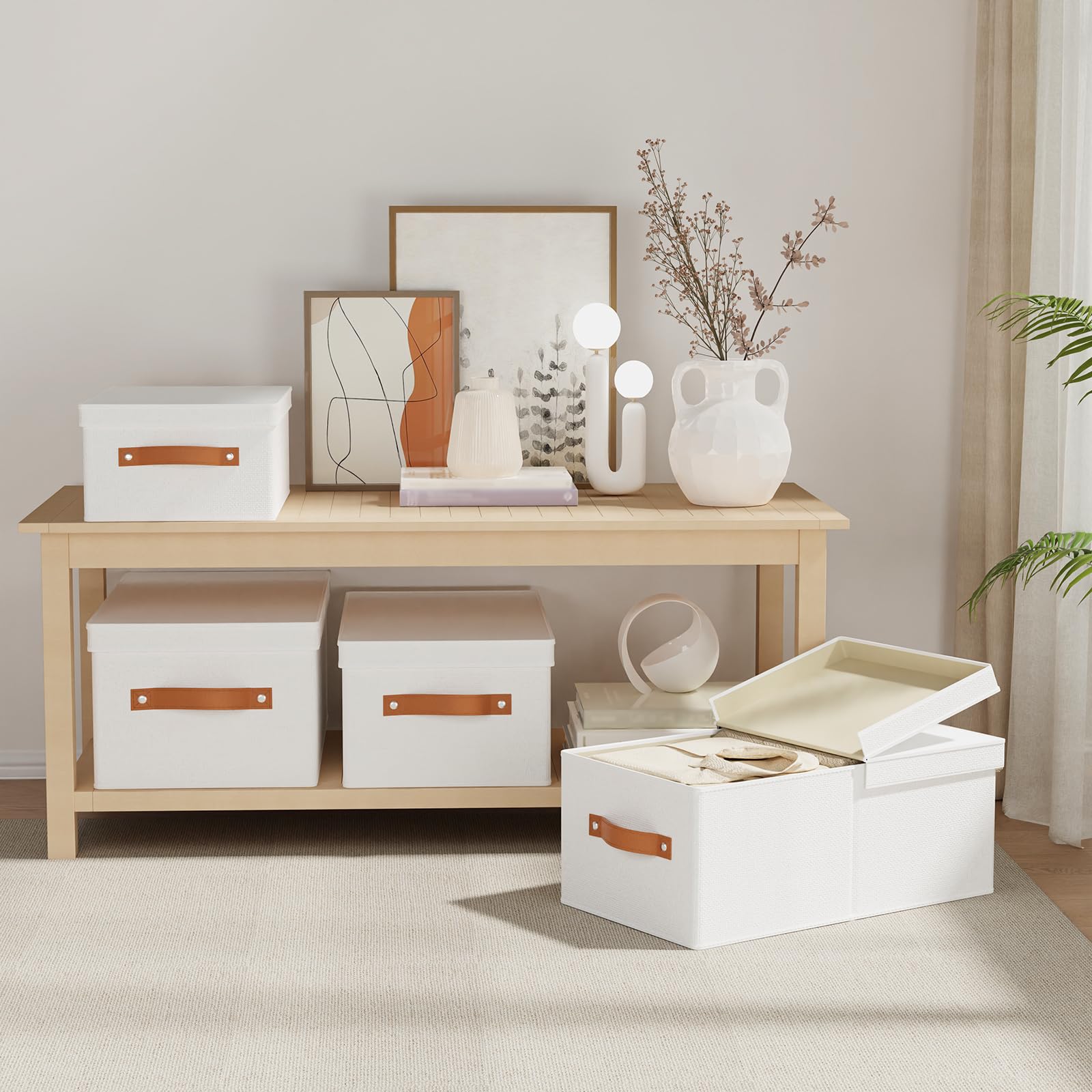 3 Pezzi Scatola con Coperchio Rimovibile, 47×28×20cm Organizer Armadio Cassetti, Salvaspazio, Contenitori con Maniglia, Scatole per Vestiti da Letto a Casa, Bianco