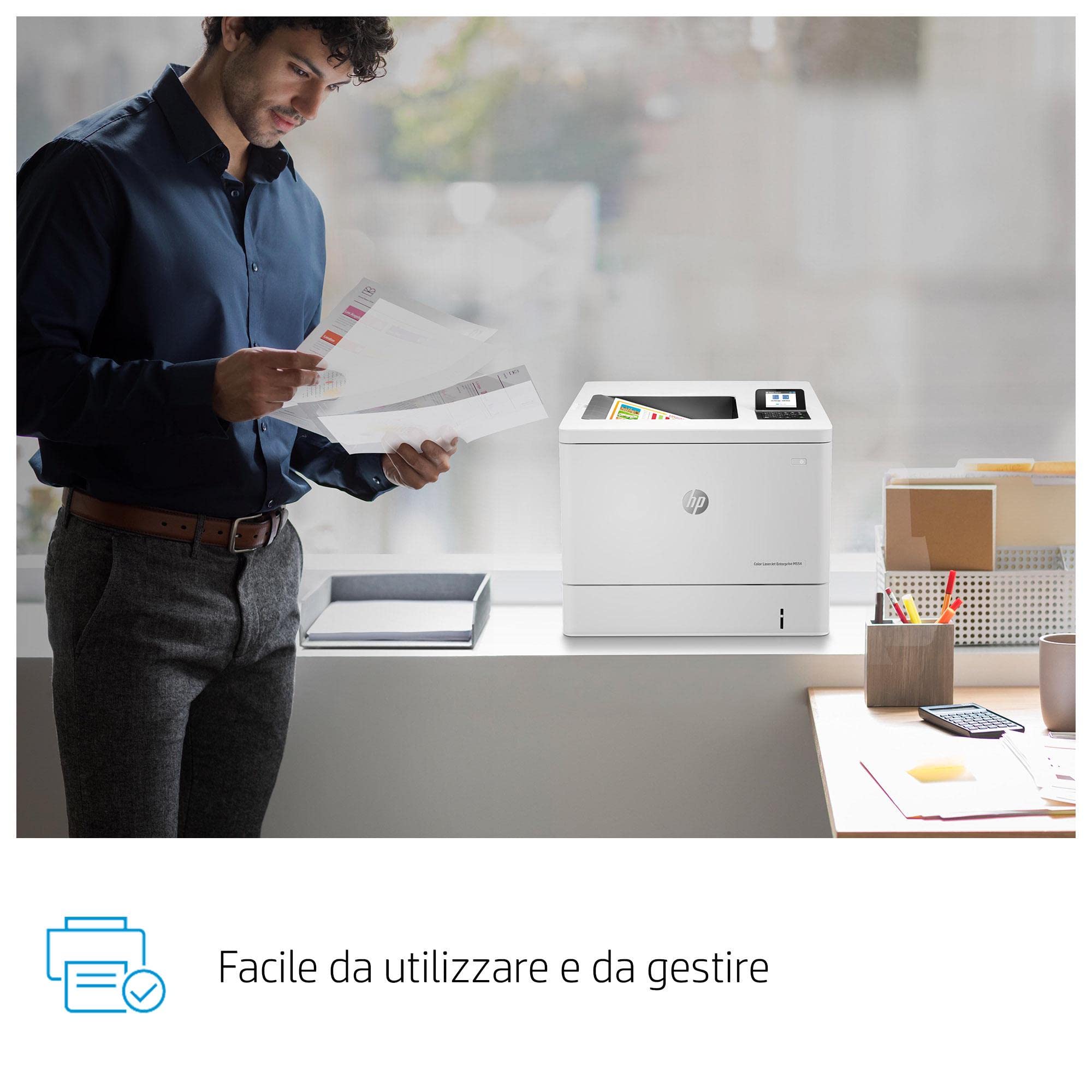 HP Color LaserJet Enterprise M554dn 7ZU81A, Stampante a Singola Funzione A4, Stampa Fronte/Retro Automatica a colori, 33 ppm, USB, Gigabit Ethernet, Smart, Display Touch a colori da 6,9 cm, Bianca