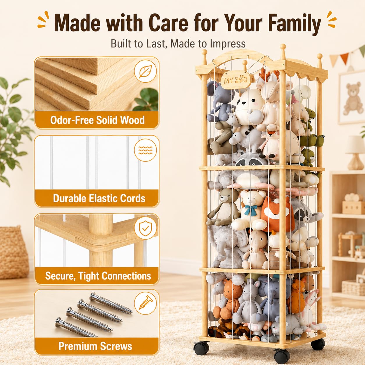 Holz Kuscheltier Aufbewahrung, 3-Etagen Plüschtier Lagerung Holzregal, Stofftier Aufbewahrung mit 360°Rädern, 140cm Groß Plüschtier Spielzeug Organizer für Spielzimmer, Kinderzimmer, Schlafzimmer