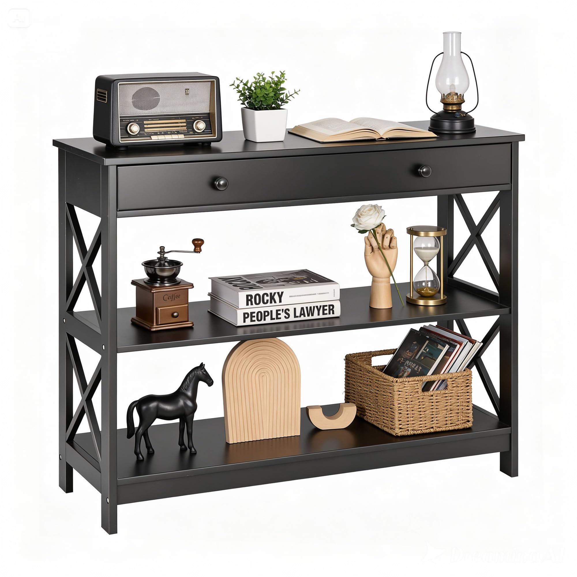 SUPER DEAL 39.5 Inch Narrow Console Table, 3 Tier Entryway Table Sofa Side Table with Drawer and Storage Shelves for Hallway, Living Room, Bedroom, Stable X Frame Design, Black