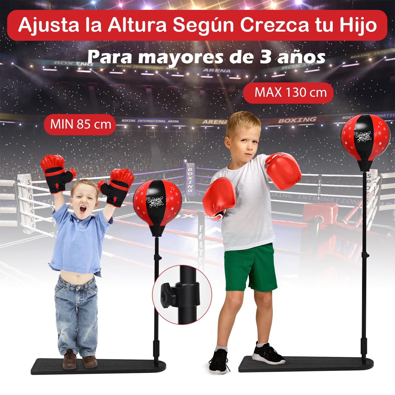 GYMAX Juego de Boxeo 85-130 cm Regulable en Altura, Set de Boxeo con Guantes y Bomba, Soporte de Boxeo con Pedal Antideslizante, Saco de Boxeo Fijo para Niños y Adolescentes a Partir de 8 Años