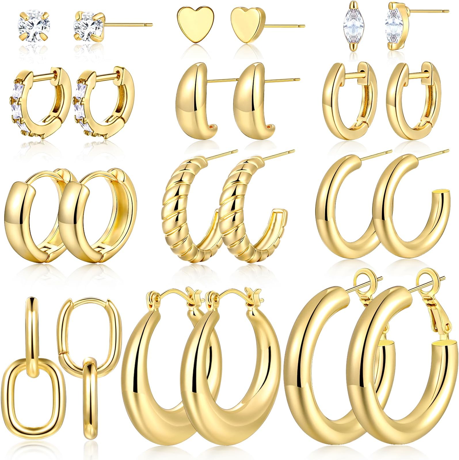 17 MILE12 Pairs Gold Hoop Earrings Set for Women | 14K Gold Plated Lightweight Twisted Chunky Hoop Earrings Pack for Gift