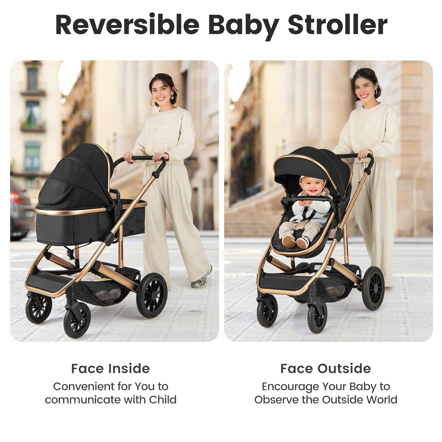 Stroller seat facing parent and facing forward