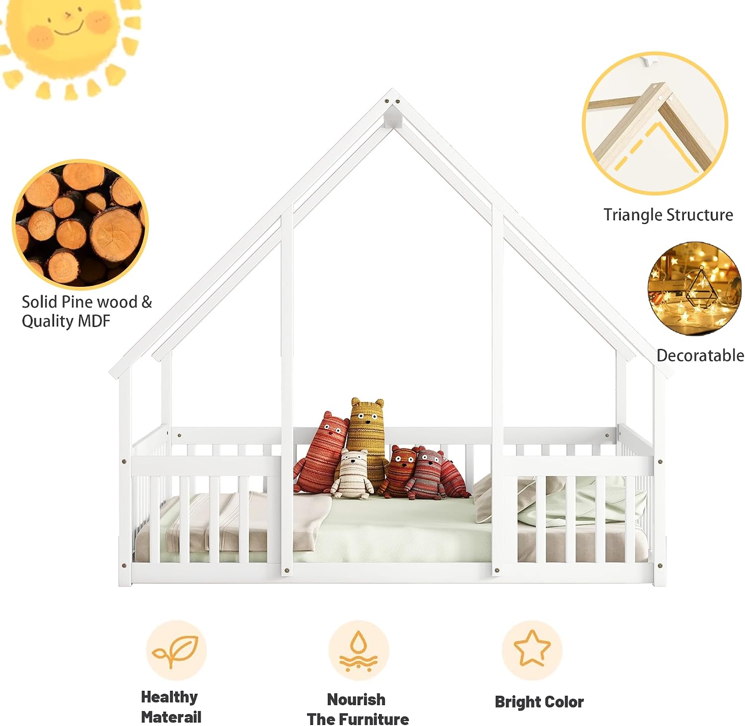 House Bed for Kids, Full Size Floor Bed with Fence Rails, Wood Montessori Bed Frame for Girls Boys Teens, White