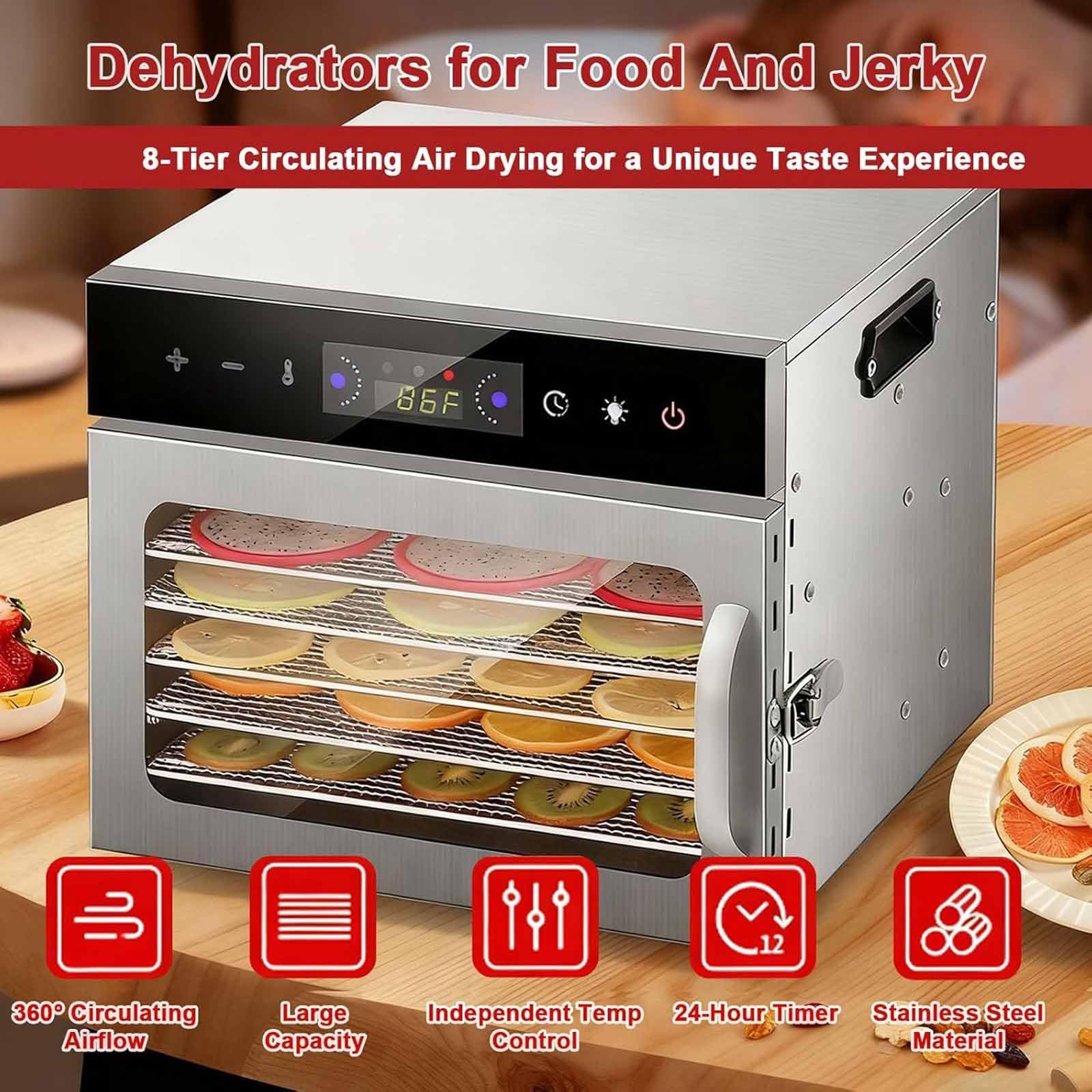 Liofilizador de alimentos, deshidratador de acero inoxidable de 8 capa para el hogar, control de temperatura de 35 a 90 °C y temporizador,iluminación integrada y cristal visible para las frutas.