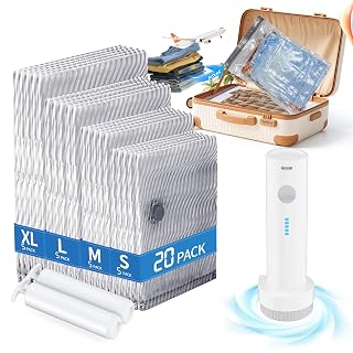 20 PCS Vacuum Seal Bags for Clothing with Electric Air Pump, Compression Space Saver, Vacuum Storage Bags for Luggage, Travel, Blankets, Pillows, Bedding and Moving, Hand Pump Included - Amazon product rated Grade B