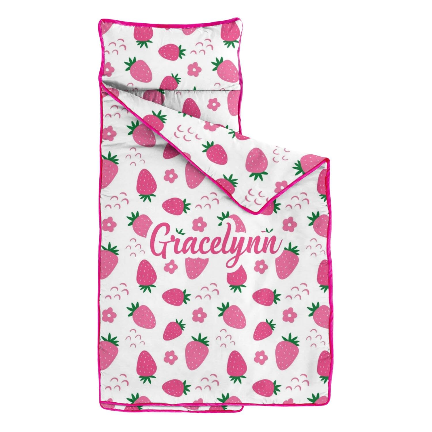 Personalized Strawberry Toddler Nap Mat with Removable Pillow & Blanket, Customized Kids Sleeping Bag with Name for Daycare Preschool, Toddler Sleeping Mat Nap Pad for Travel Camping
