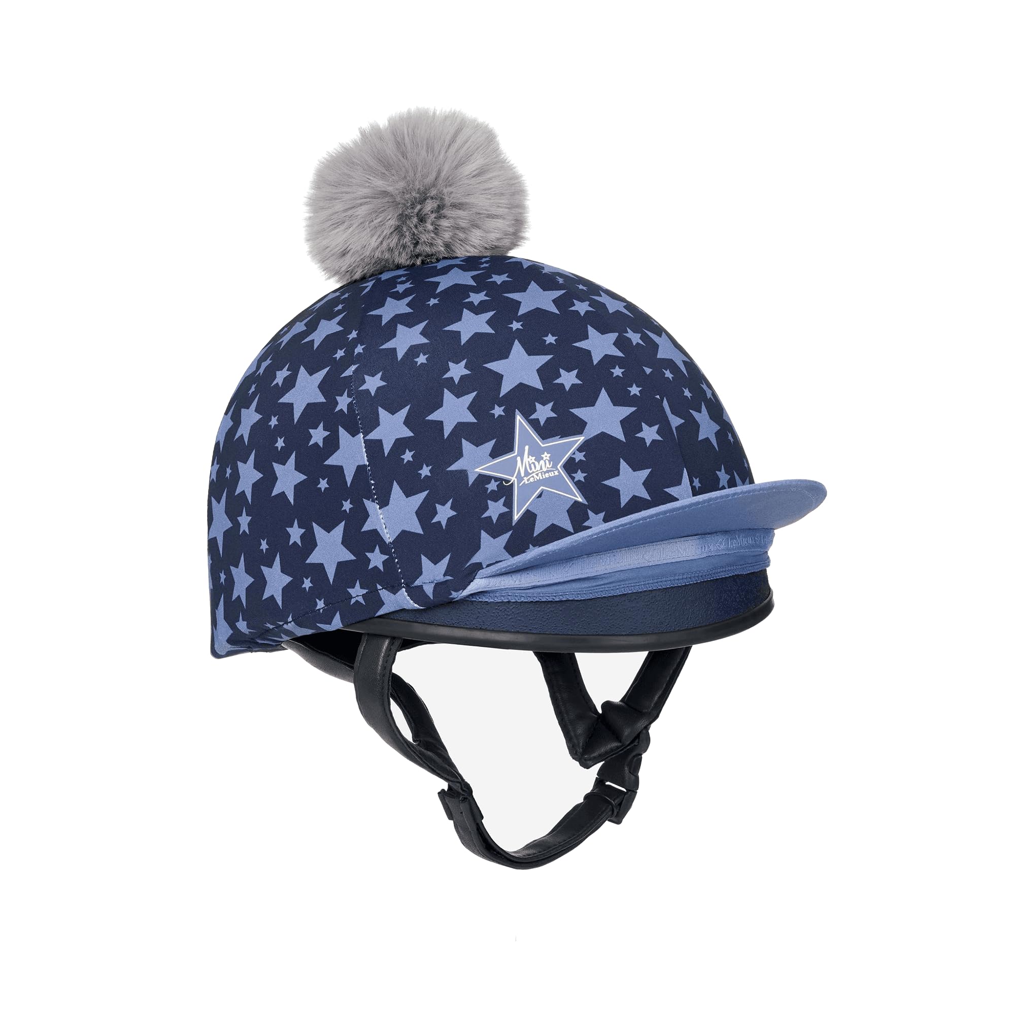 LeMieux Unisex Mini Pompom Hat Silk - Breathable Headwear with 4 Way Stretch Fabric - Snug & Secure Fit - Equestrian Headgear - Star Design - One Size - Indigo