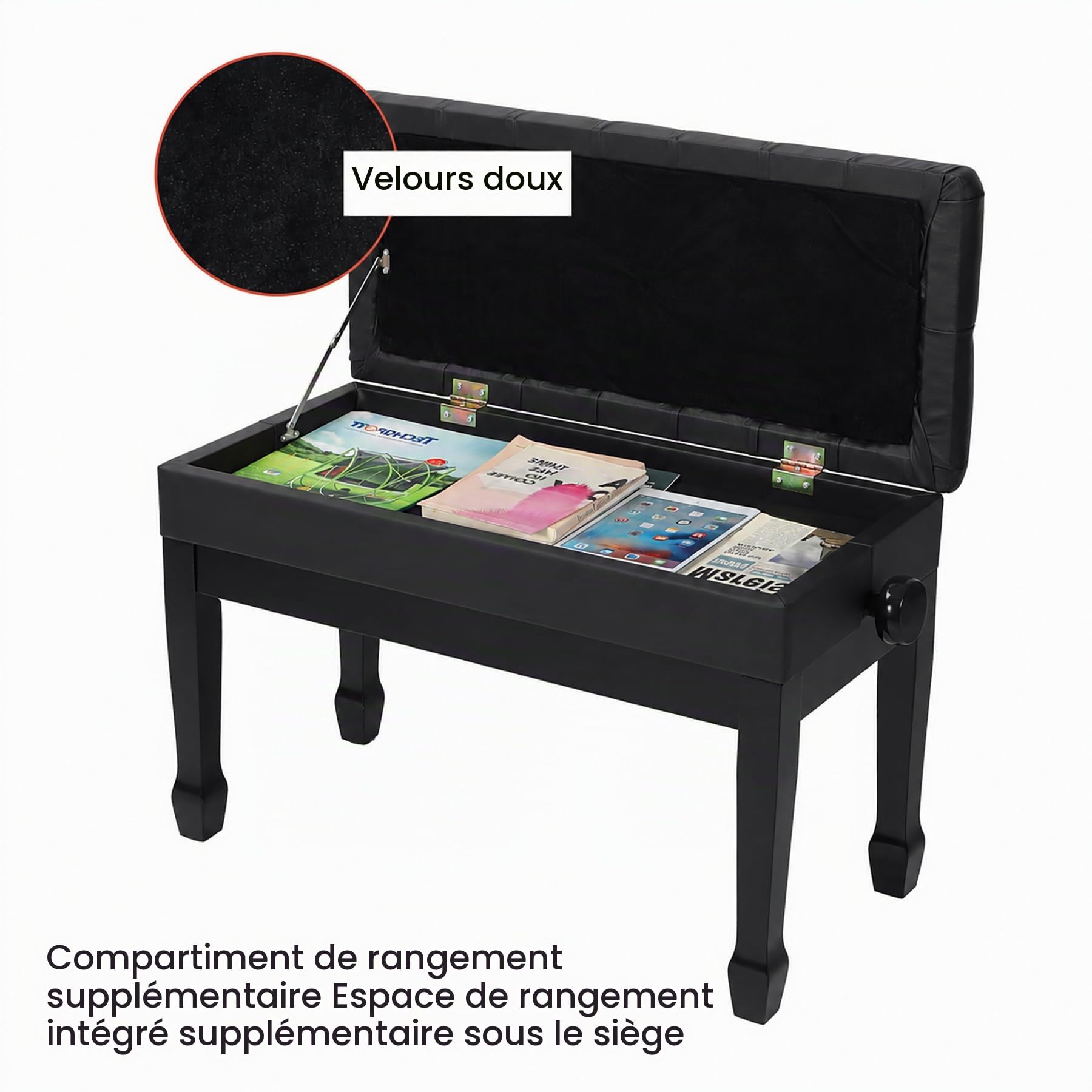 REDCAMP Grand Banc de Piano pour 2 Personnes - Hauteur réglable de 50 à 59cm - Surface d’Assise du Clavier en Bois 80 x 35 cm - Tabouret de Piano avec Coussin de Rangement en Cuir PU épaissi, Noir