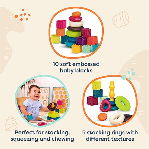 Vista 3 de B. toys Bloques de bebé y apilamiento - 10 bloques numerados y 5 anillos coloridos - Juego de construcción para bebés - Juguetes educativos - Una
