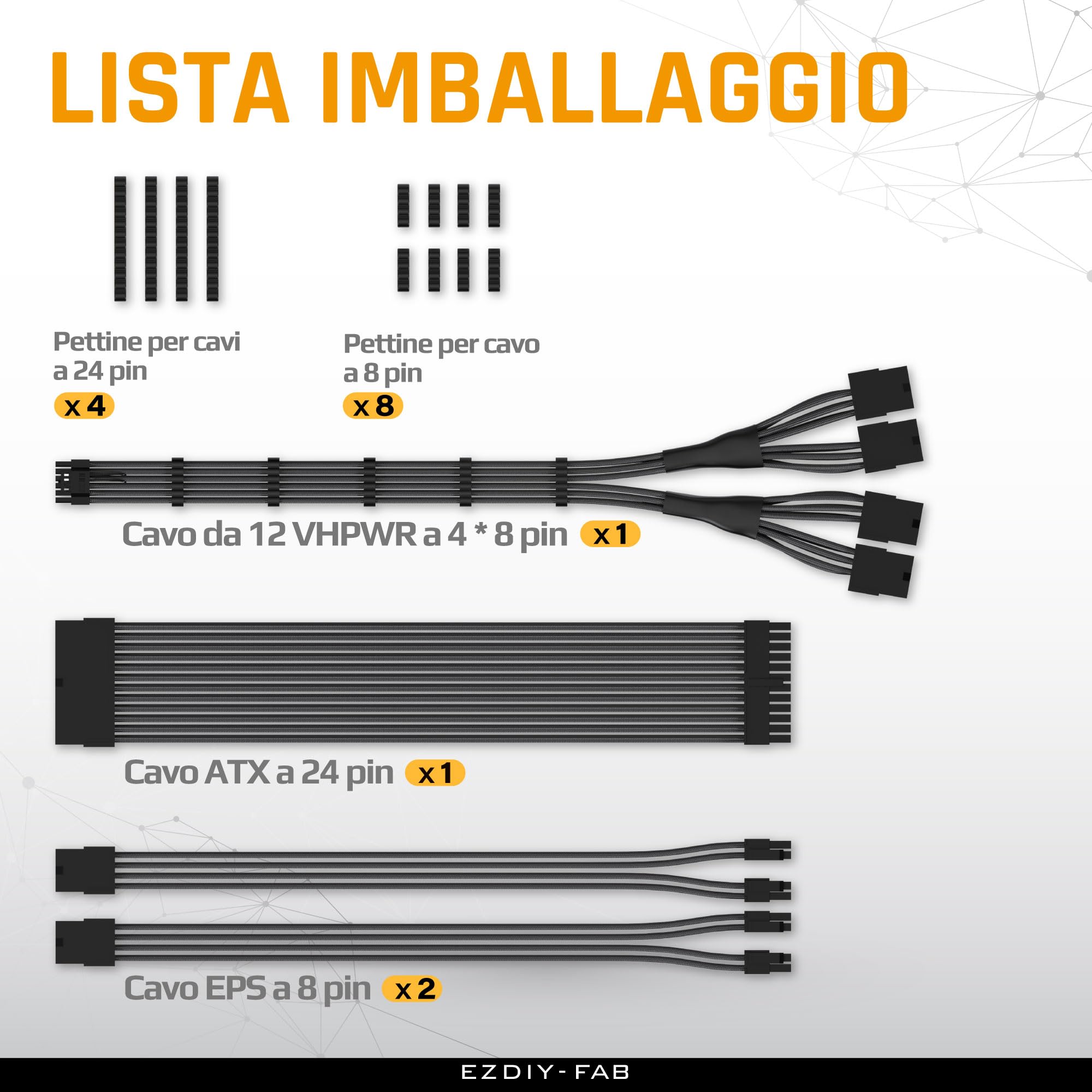 EZDIY-FAB Kit di Cavi con Manicotto PCIE 5.0 12VHPWR,Prolunga del Cavo di Alimentazione 16AWG,Cavo di Estensione da 24 PIN-ATX/(4+4) PIN-EPS/(12+4) PIN a 4X 8 PIN PCIE- RTX4090/4080/4070Ti-Nero