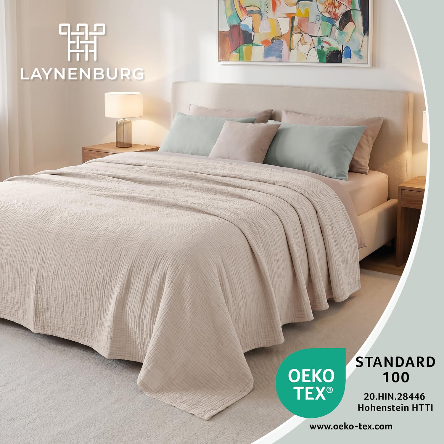 LAYNENBURG Copriletto in mussola Premium 220 x 240 cm XXL - 100% cotone - coperta in cotone extra morbida come coperta accogliente, copriletto, copridivano, copridivano (beige)