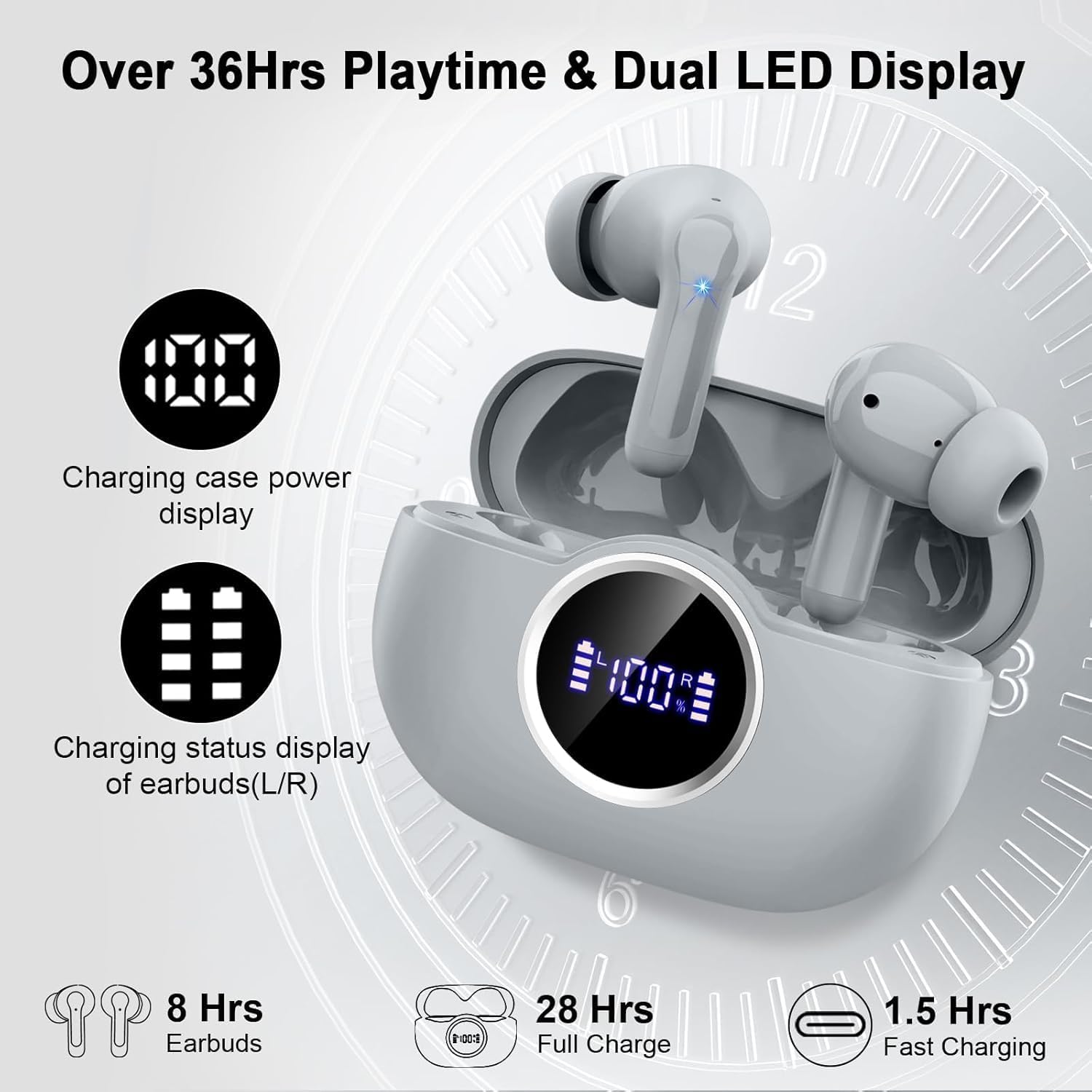 Wireless Earbuds, 2025 Bluetooth 5.4 Headphone 3D Bass Hi-Fi Stereo Ear Buds, 4 ENC Noise Cancelling Mic, 40H 3g USB-C in-Ear Earphone, IP7 Waterproof Workout Sport for Laptop Pad Android iOS, Grey - Image 5