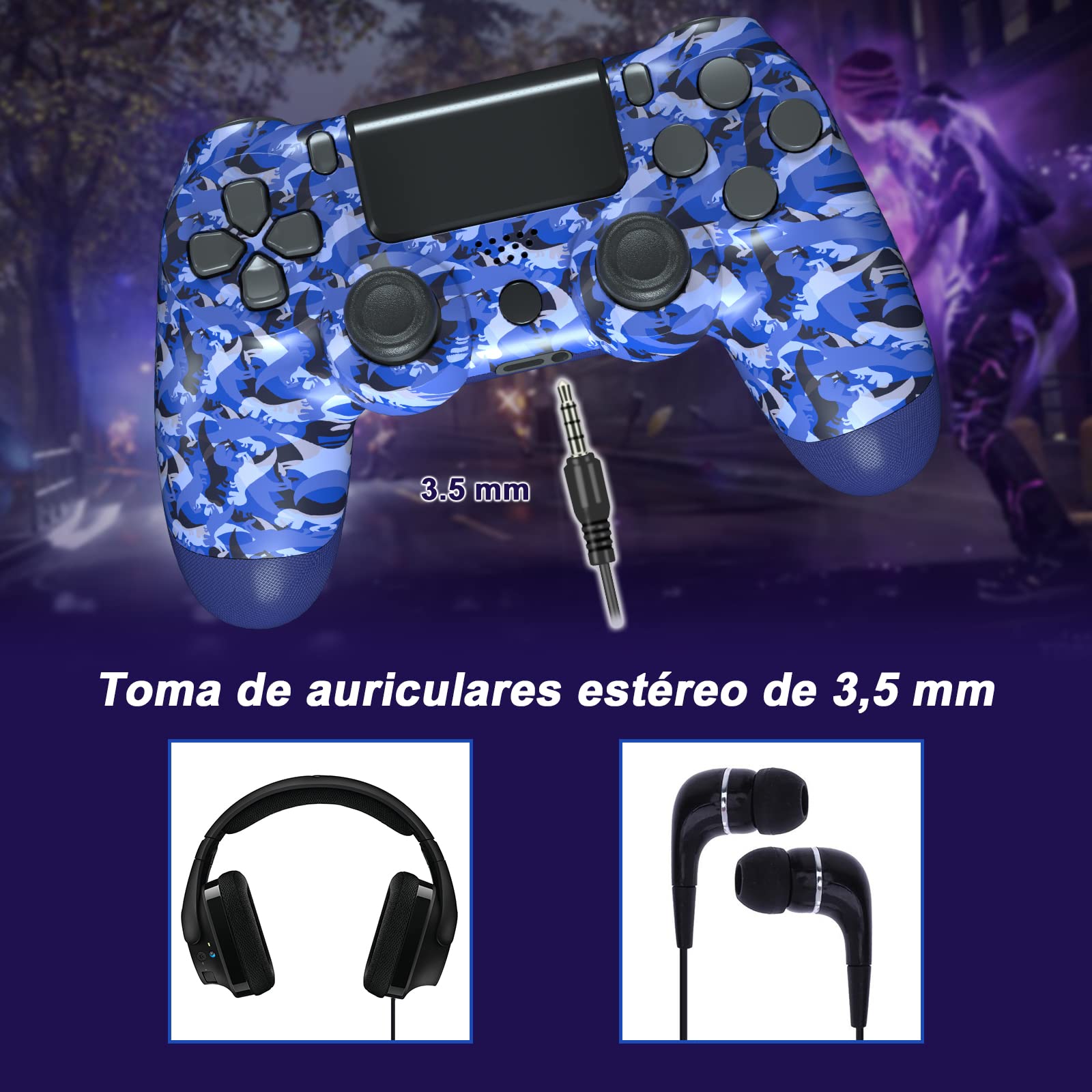 Mando de juegos compatible para Play4/Slim/Pro, mando con cable para PC con doble vibración, sensor giroscópico de 6 ejes y conector para auriculares (dinosaurios)