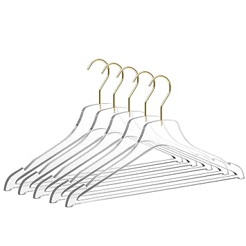 Quality Acrylic Clear Lucite Hangers 5-Pack with Bar Matte Gold Hooks for Clothes, Pants, Suit Jackets, Coats, and Shirts, Closet and Wardrobe Organization (Matte Gold Hook, 5)