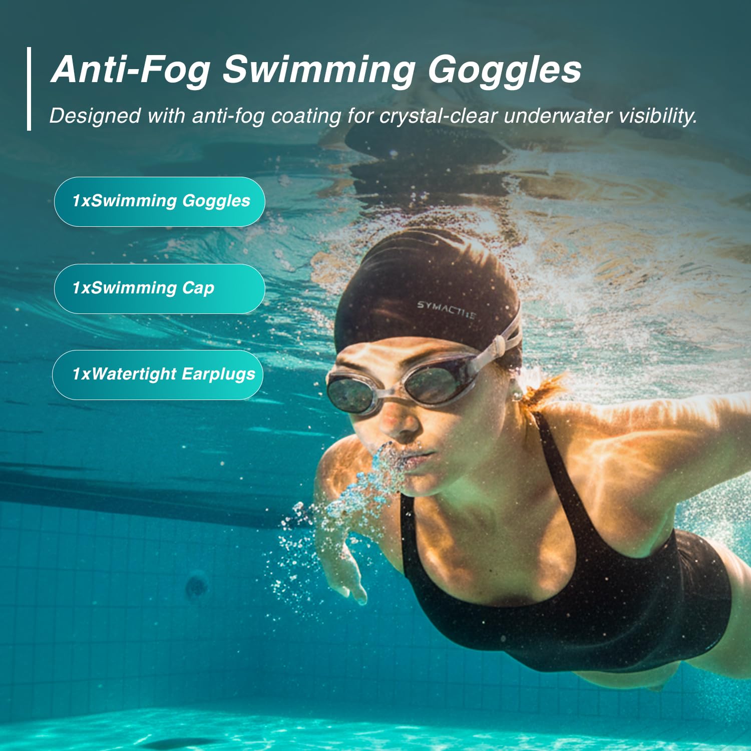 Amazon Brand - Symactive Unisex Swimming Goggles & Swimming Cap | Anti-Fog Goggles with Adjustable Strap | Silicone Free Size Cap | Waterproof | Black