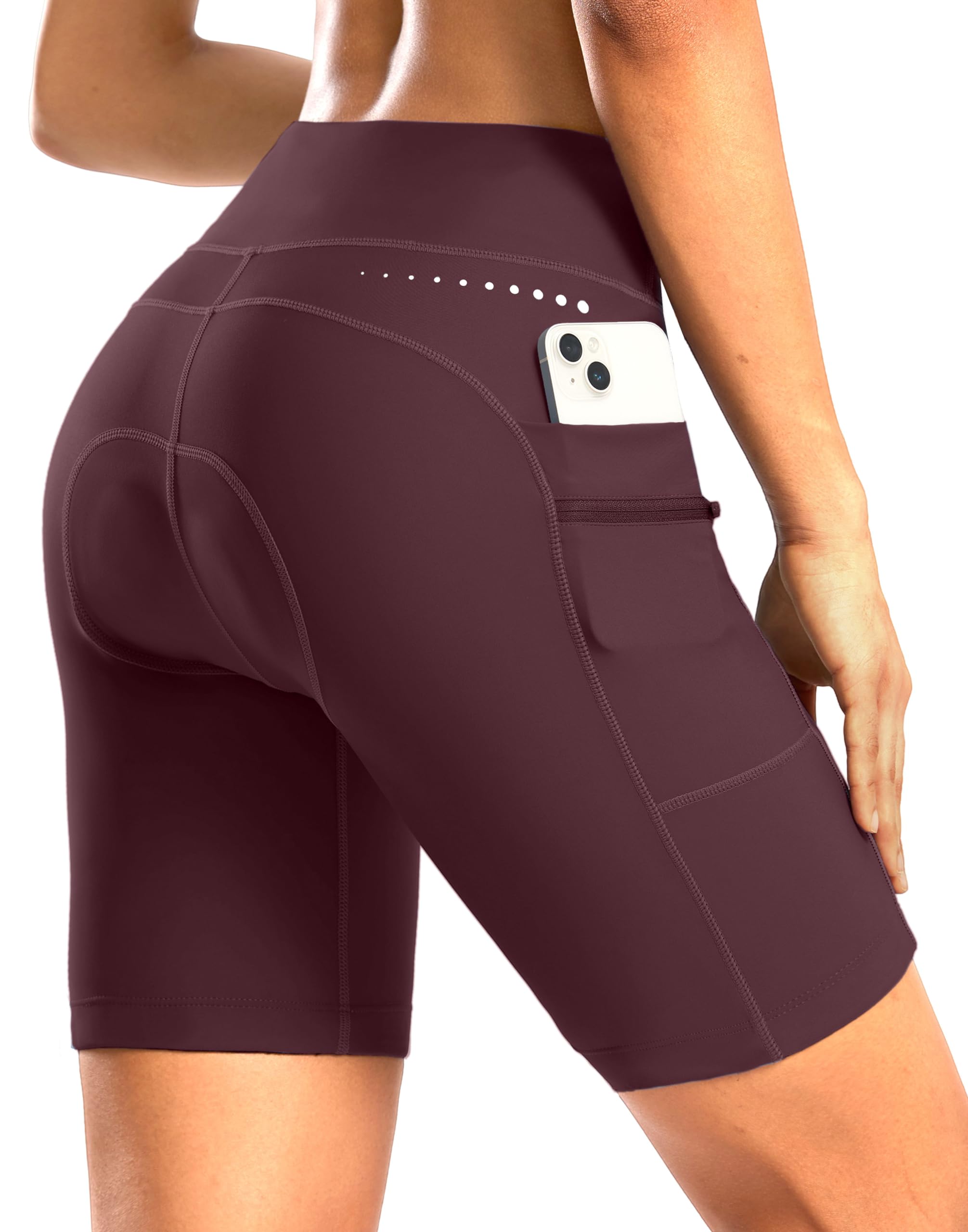 Women's 4D Padded Bike Shorts 7 Inch Cycling Bicycle Spinning Mountain Cycle Shorts for Women Zipper Pockets(Wine,S)