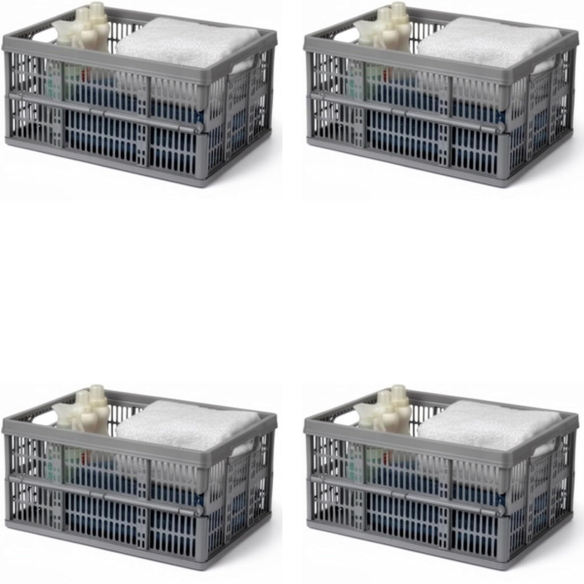ALEEZ 32 Litre Folding Collapsible Plastic Storage Crates - Grey Heavy Duty Stackable Basket With Handles - Space Saving Foldable Basket for Clothes Vegetables Fruits Garage Organizer (4x 32L Grey)