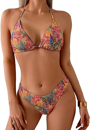 Womens Floral Tropical Print Bathing Suit Halter Summer Boho Swimsuit Bikini Set