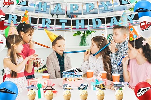 Miniatura 8 de Decoraciones de fiesta de tren de alta velocidad, suministros para fiesta de cumpleaños de tren bala, incluye pancarta de feliz cumpleaños de tren