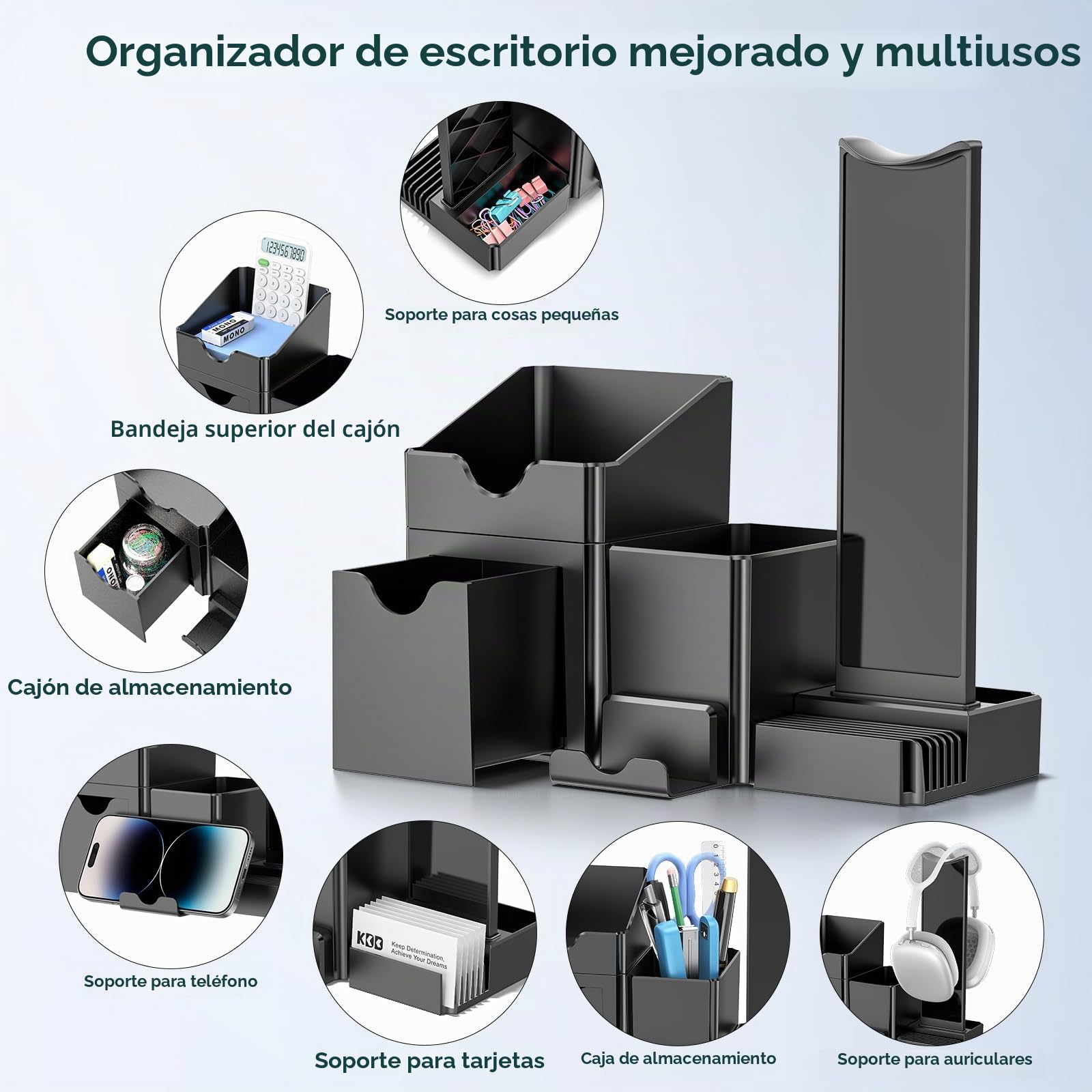 KDD 7 en 1 Juego de Organizador Escritorio Con Cajones-Organizador Escritorio con Caja Almacenaje, Colgador de Auriculares, Portalápices, 2 Cajones del Compartimento, para Notas Adhesivas, Tarjetero