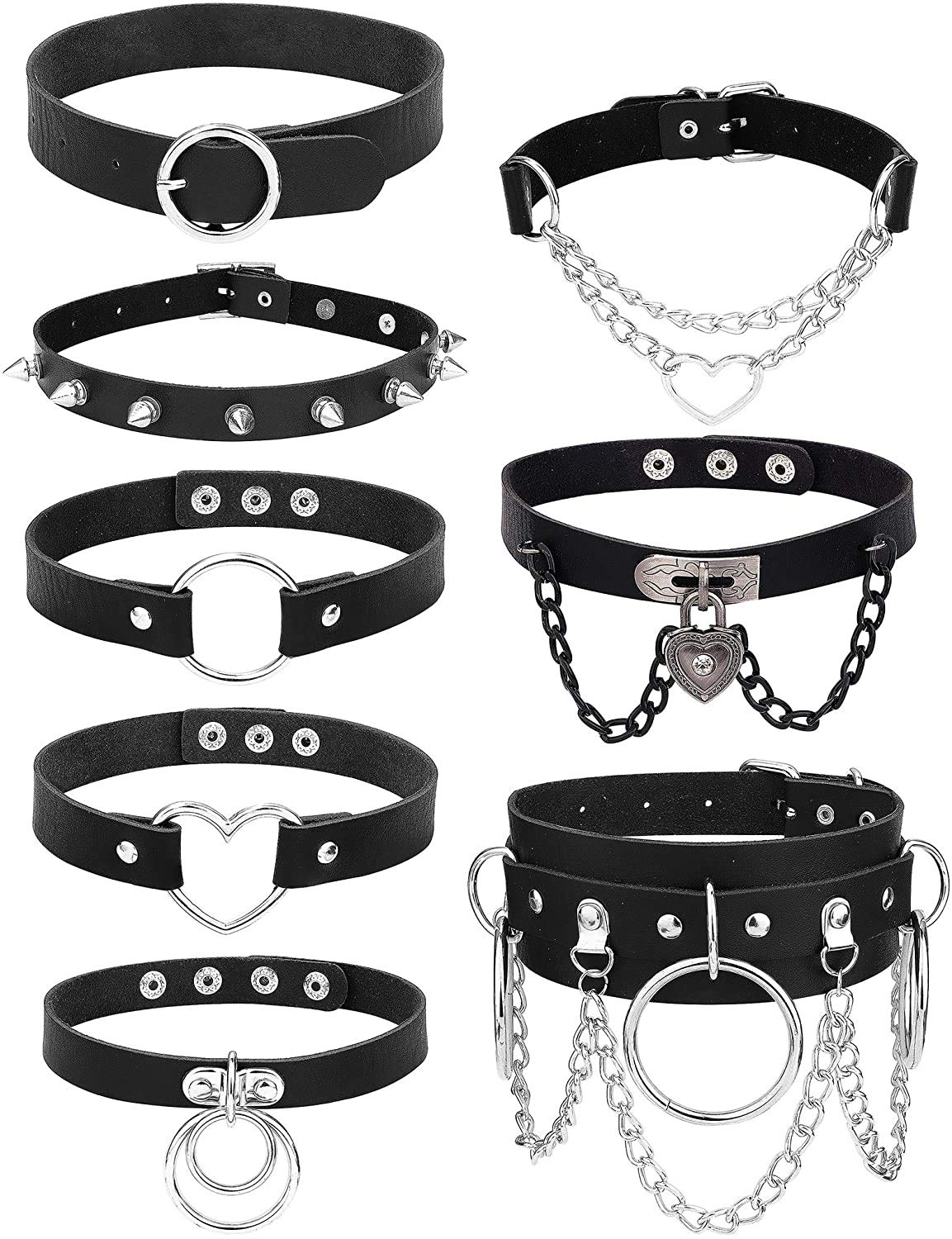 LOLIAS 8Pcs Women's PU Leather Gothic Choker Necklace Set Punk Chain Clavicle Black Leather Choker Sexy Spike Choker Necklace Rock Belt Love Heart Choker Adjustable Collar Choker Cosplayer