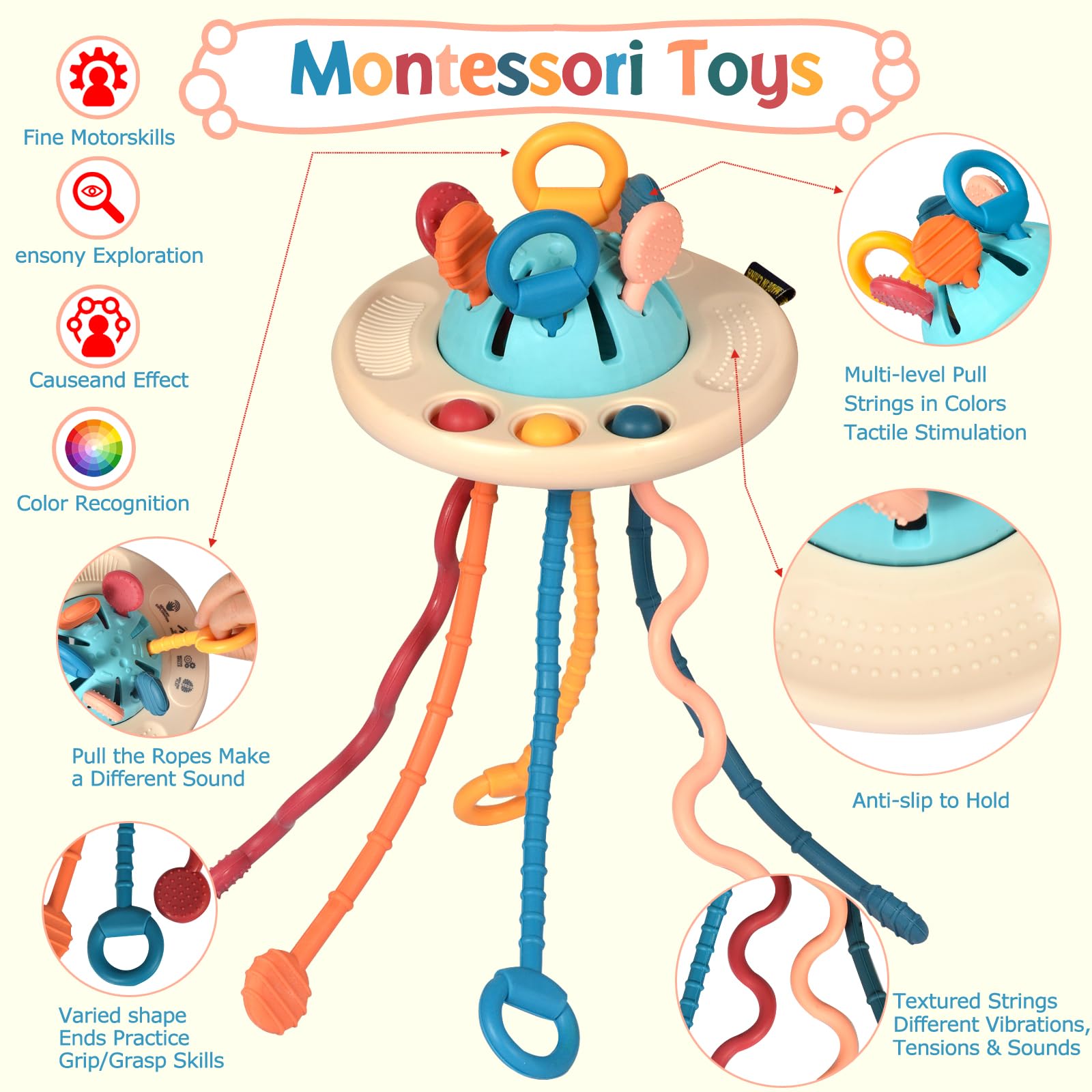 Baby Sensory Montessori Teething Toys for 24 Months, Pull String Silicone Teething Toy for 2 3 Year Old, Sensory Development Toddler Travel Toys for 2-3 Year Old Boy Girl Birthday Gifts