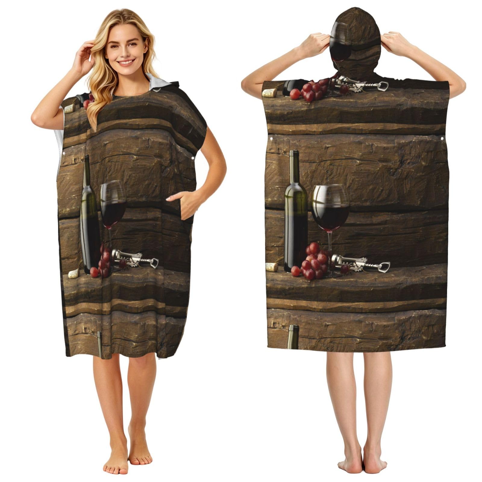 Poadnly Grapes Bottle And Glass Of Red Wine, Adult Hooded Beach Towel 90 x 110 cm,Changing Bath Robe, Surf Poncho Towel For Women Men