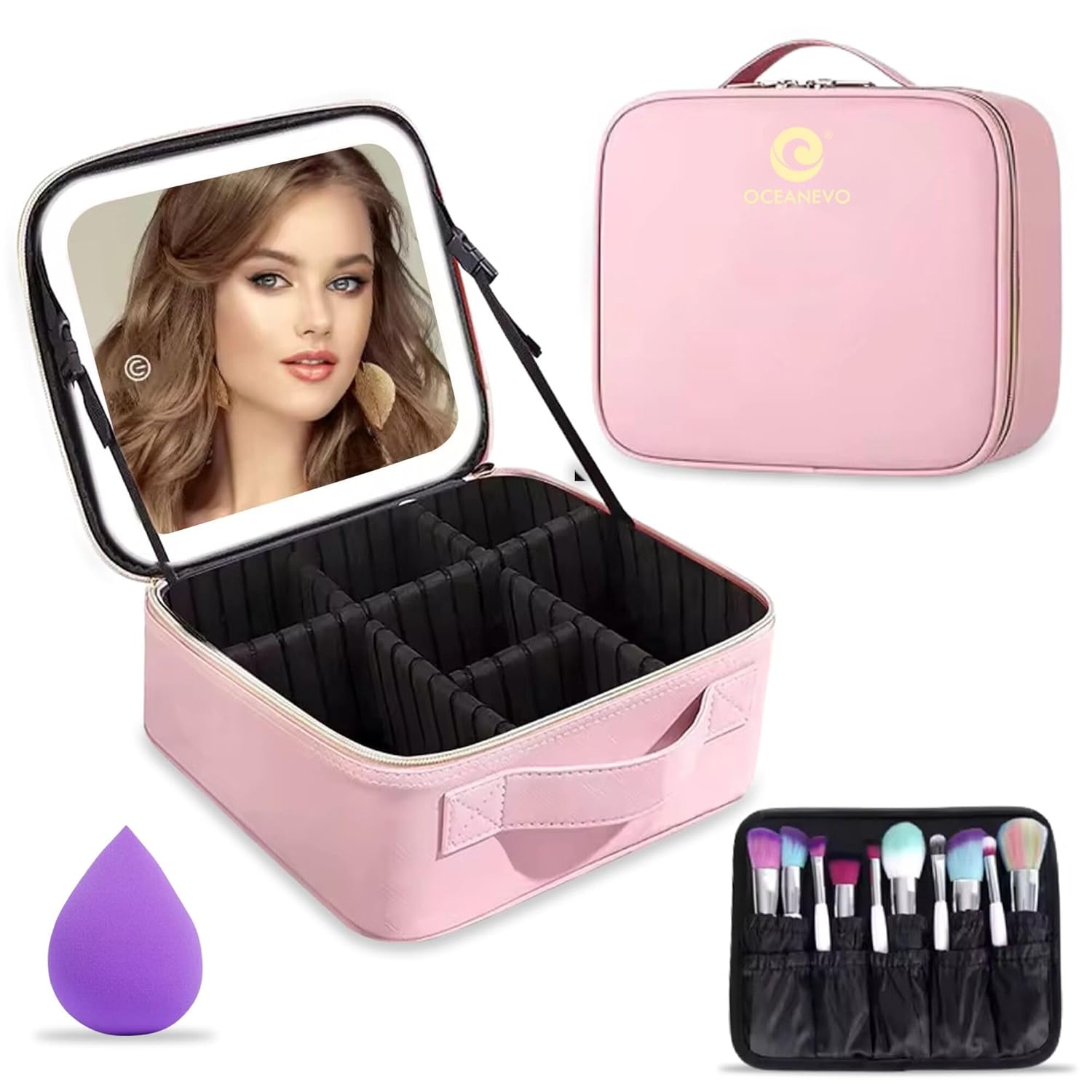 Oceanevo Small Cosmetic Organizer Bag with Rechargeable LED Mirror and Makeup Sponge Included, Makeup Vanity Box with 3 LED Brightness Modes and Adjustable Dividers – 26 x 23 x 11 Cm – Rose Gold PU Oceanevo Small Cosmetic Organizer Bag with Rechargeable LED Mirror and Makeup Sponge Included, Makeup Vanity Box with 3 LED Brightness Modes and Adjustable Dividers – 26 x 23 x 11 Cm – Rose Gold PU