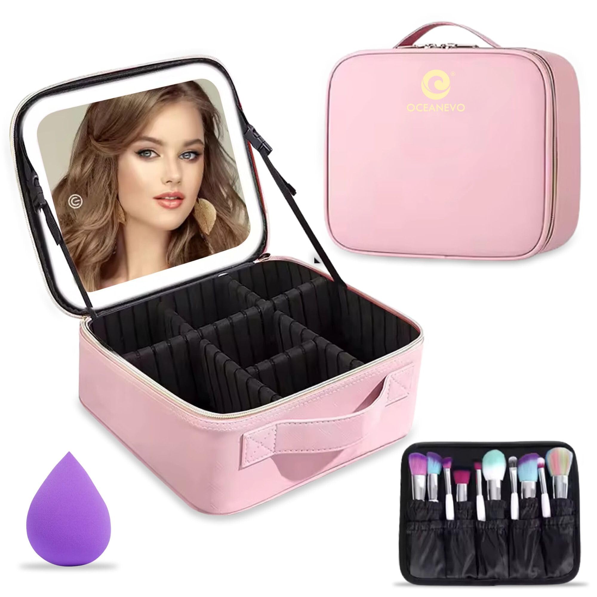 Small Cosmetic Organizer Bag with Rechargeable LED Mirror and Makeup Sponge Included, Makeup Vanity Box with 3 LED Brightness Modes and Adjustable Dividers - 26 x 23 x 11 Cm - Rose Gold PU-image-11