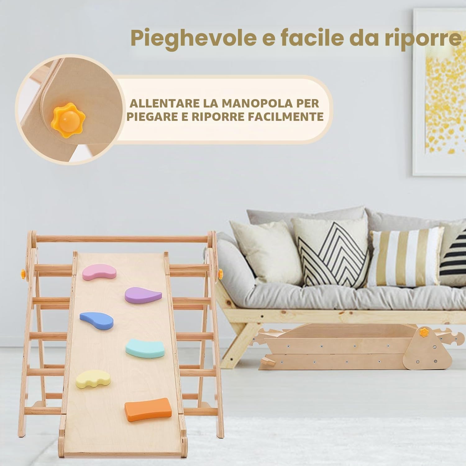4 in 1 Arrampicata per Bambini, Triangolo di Arrampicata Pieghevole con Scivolo, Arco di Arrampicata, Tavola di equilibrio in legno, Scivolo per Bambini da Casa Interno,Giochi Montessori 1+ Anni