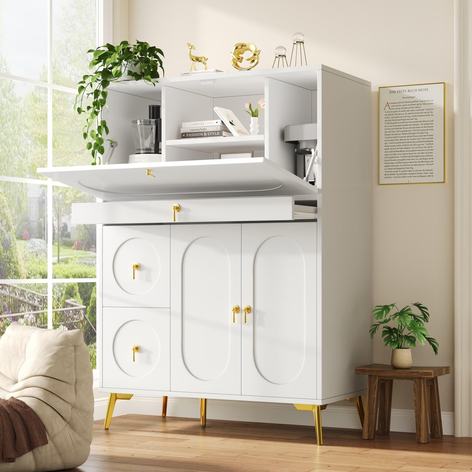 PUGSDRLY Secrétaire Meubles de Bureau,Bureau Pliable avec Rangement,Table de Travail,Meuble de Rangement Blanc (100×50×140cm)