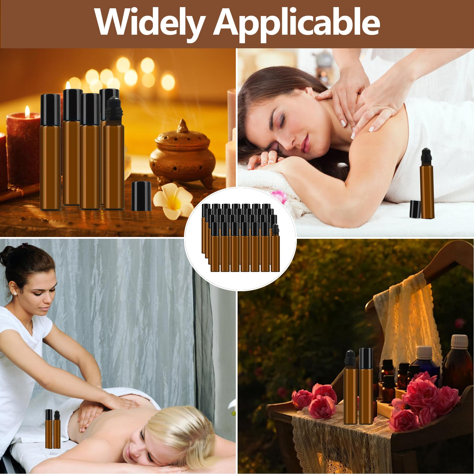 28 pezzi Roll on bottiglia vuota da 10 ml, con 40 adesivi per etichette, 2 pipette, 2 contagocce pastorizzate, 2 aperture, oli essenziali, bottiglie marroni