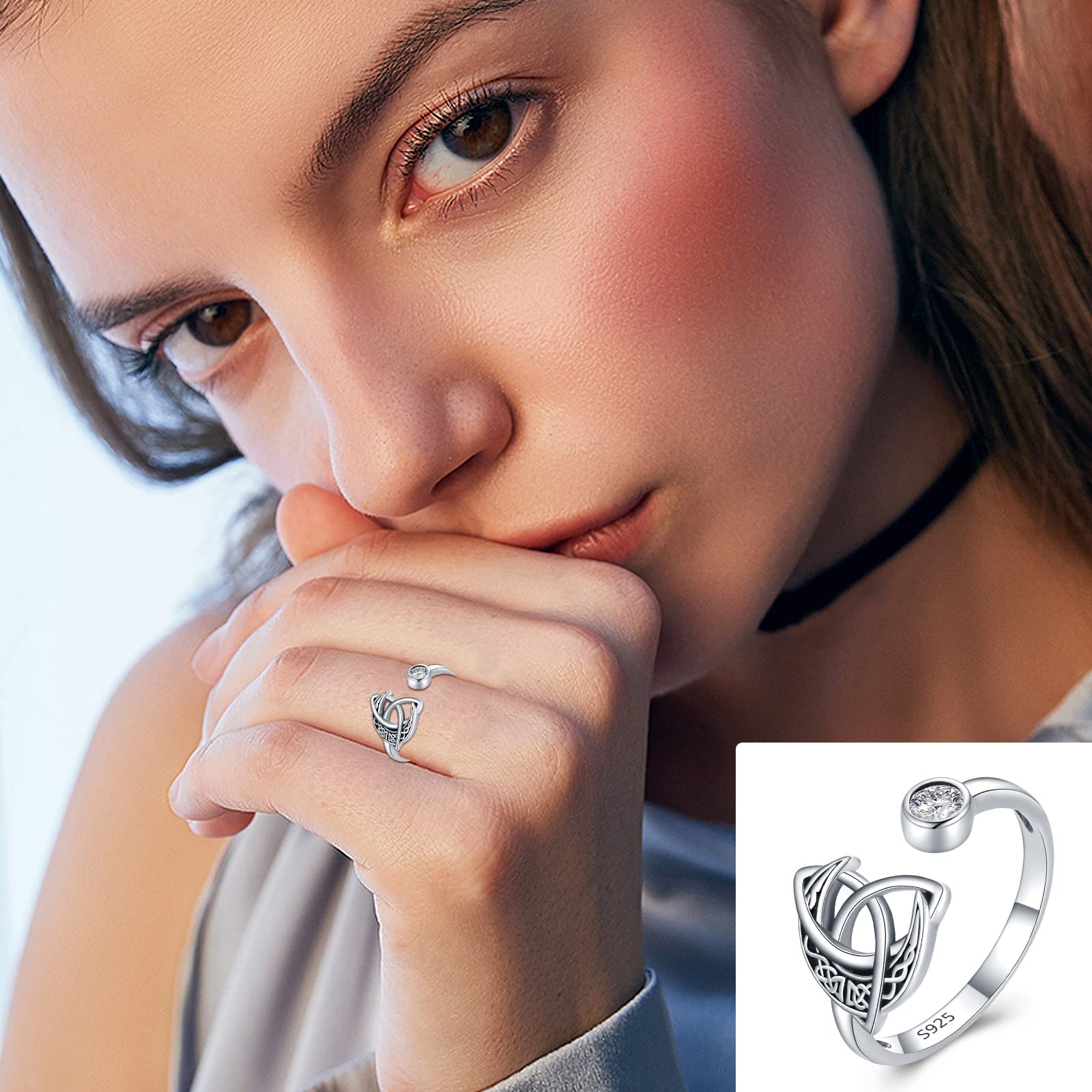Keltischer Knoten Ring 925 Sterling Silber Keltische Mond Verstellbarer Offener Ring Keltischer Schmuck Geschenke für Damen Frauen Schwester Freunde Herren