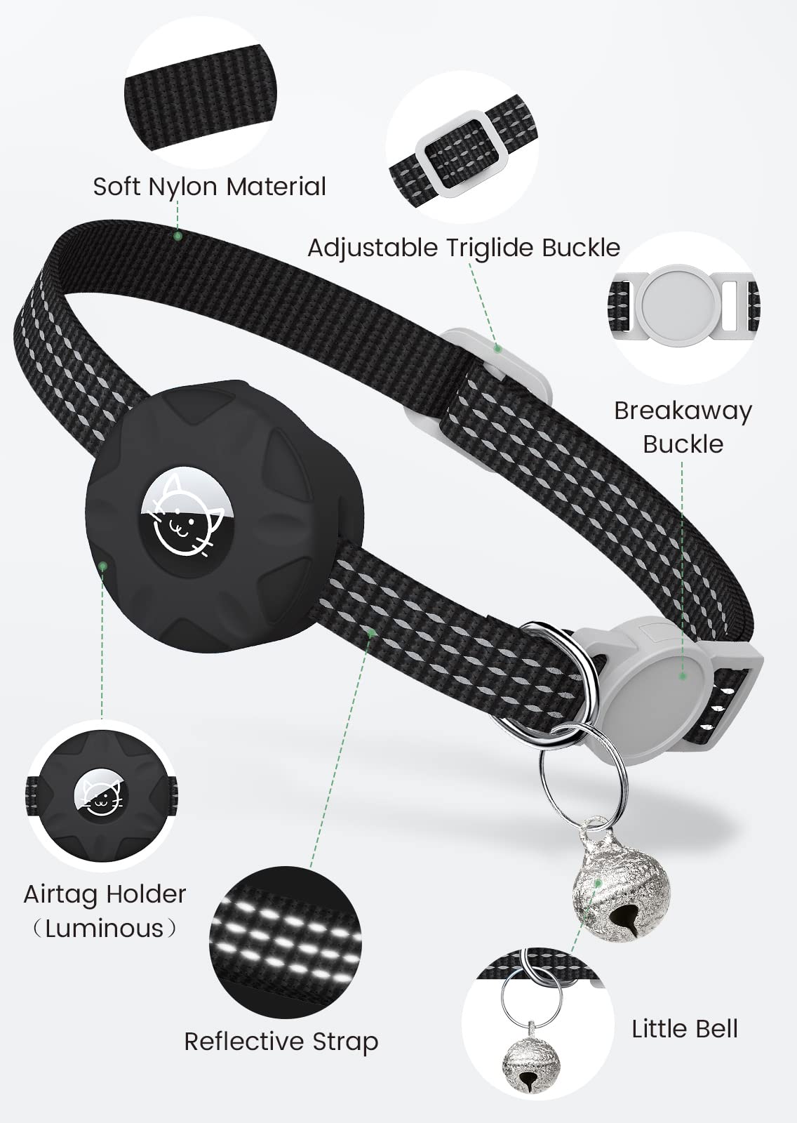 AirTag - Collar reflectante para gato, collar de gato Apple Air Tag, collar de gato GPS con soporte para AirTag y campana, collares de gato ligeros para niñas, niños, gatos, gatitos, cachorros (negro)