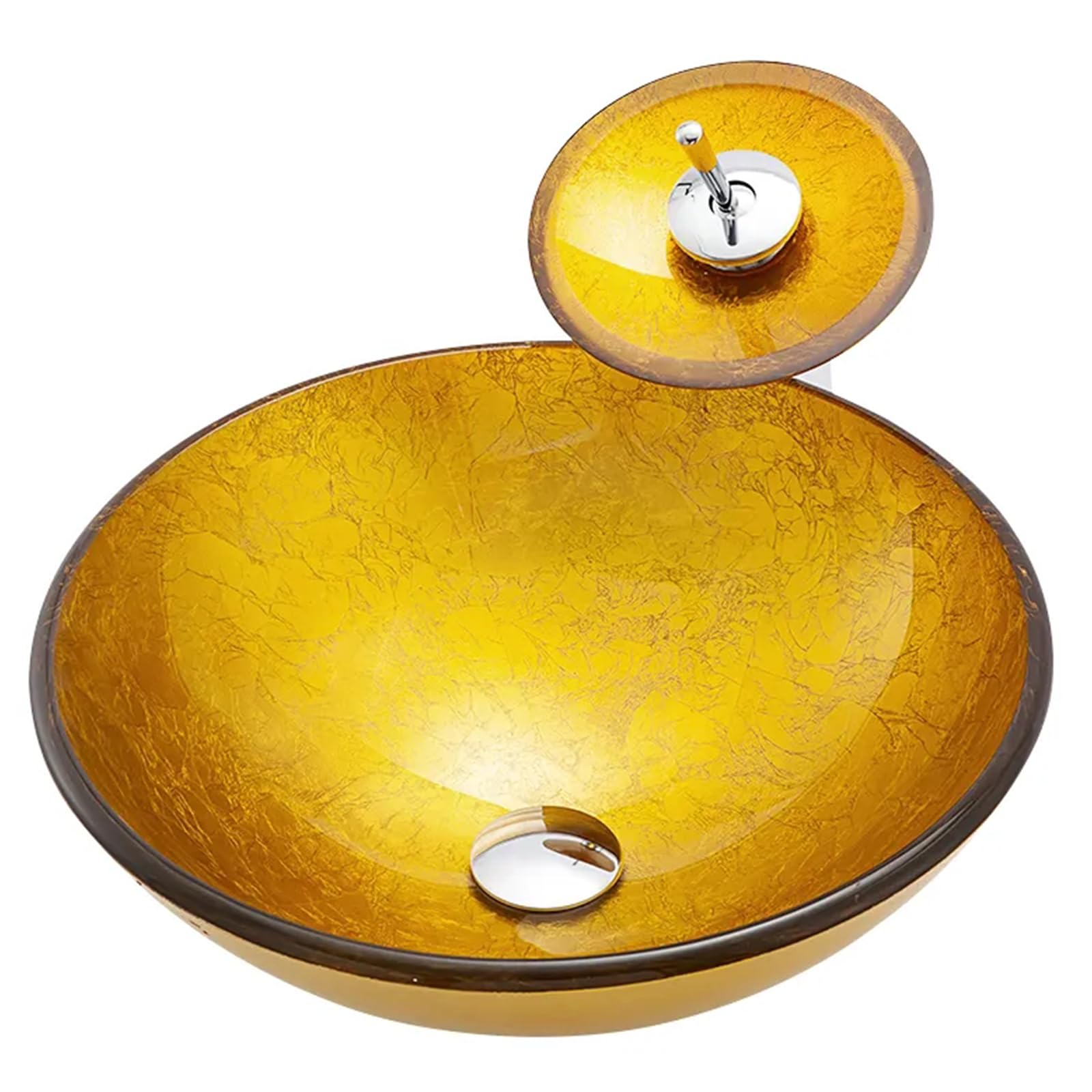CWCQGH 16.5" Bathroom Vessel Sink, Artistic Tempered Glass Sink,Yellow Round Wash Basin Bowl with Waterfall Faucet And Pop-Up Drain Combo