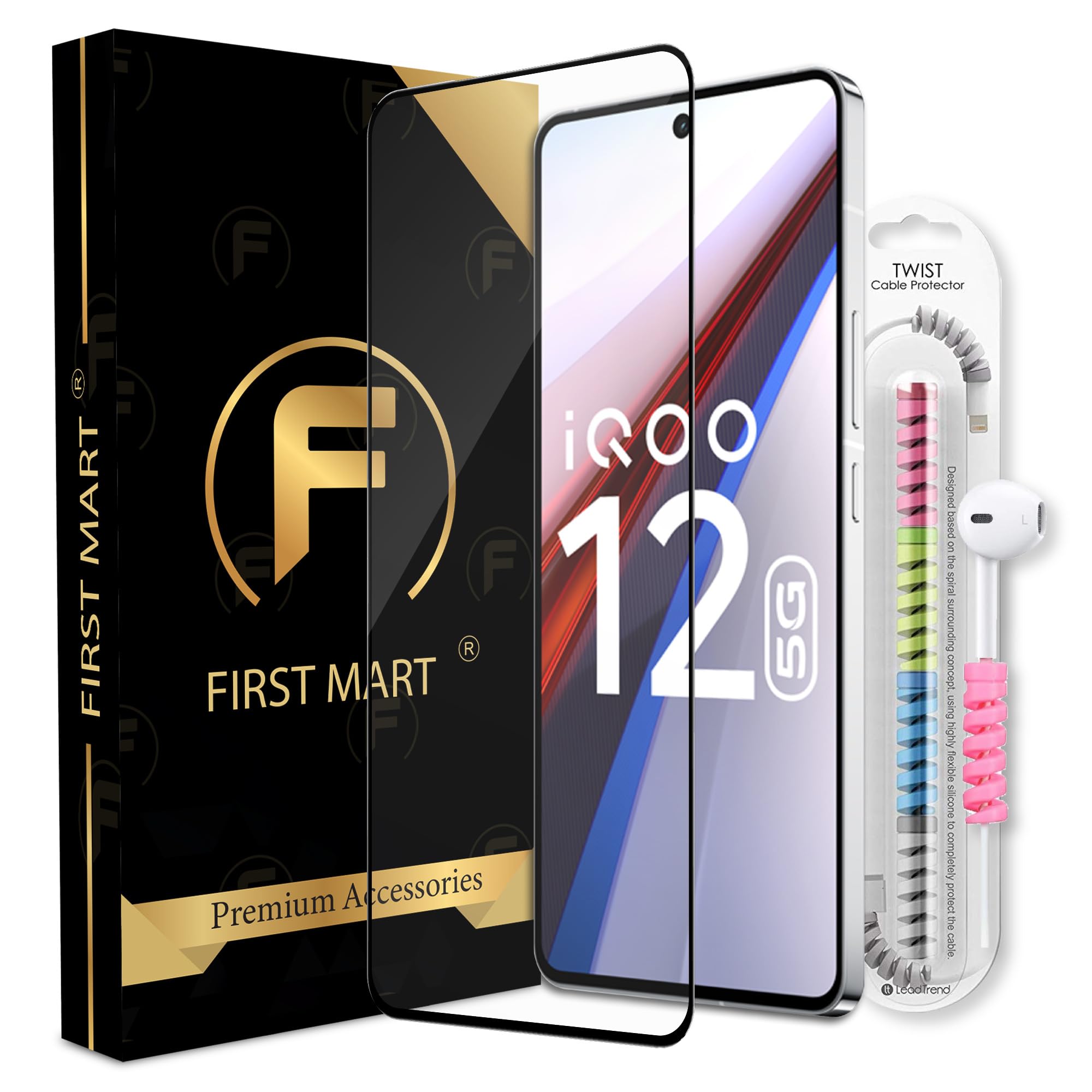 FIRST MART Tempered Glass for iQOO 12 5G / iQOO Z9 5G / Neo9 Pro 5G with Edge to Edge Full Screen Coverage and Cable Protector and Easy Installation Kit, Pack of 1 (B0CQC7MMYL) Amazon Price History, Amazon Price Tracker