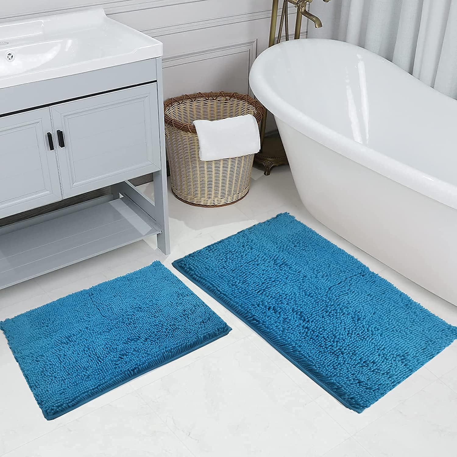 Bathroom Rugs and Mats Sets 2 Piece,Non Slip Microfiber Shaggy Chenille Bathroom Rugs 17x24 and 20x32 Inches,Machine Washable Carpet,Pet Mats,Extra Soft and Super Absorbent Thick Plush Rugs,Lake Blue