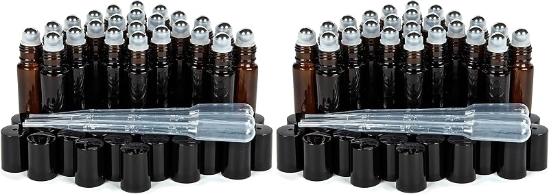 Vivaplex Frascos de Vidro Âmbar de 10 mL com Esferas Roller de Aço Inoxidável e Tampas Pretas, Pacote com 24