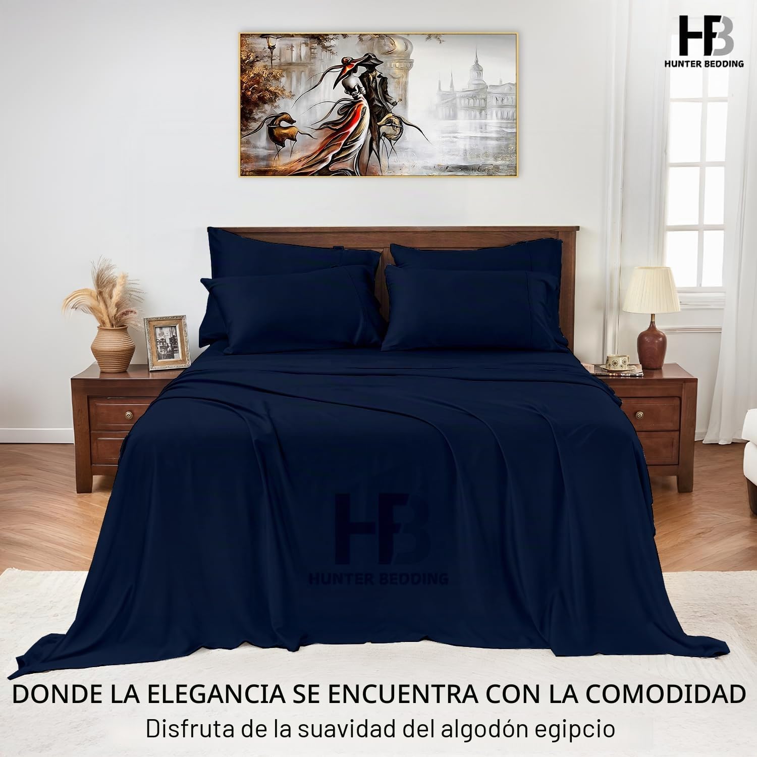 Juego de sábanas 150x190/200 cm azul claro, satén 100% algodón largo 600 hilos, incluye sábana encimera, ajustable, 2 fundas y bolsillo profundo de 32 cm.