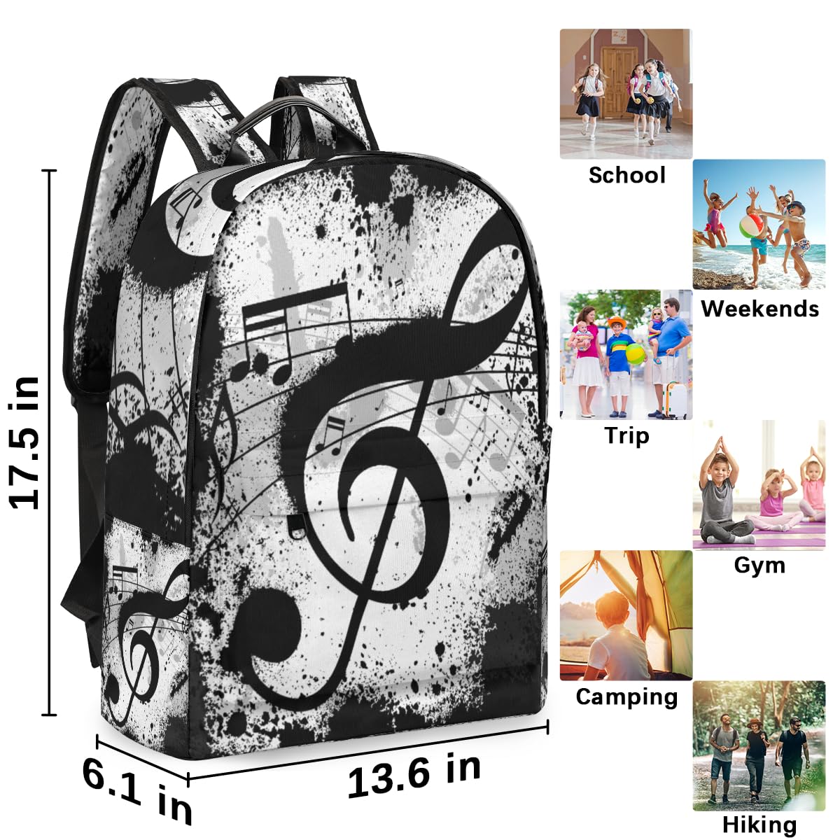 TropicalLife Noten-Rucksack für Herren, Damen, Kinder, Mädchen, Jungen, schwarzer Musiknoten-Rucksack, großes Fassungsvermögen, 23,5 l, Rucksack, Schule, Büchertasche, Reisen, lässig, Laptop-Tasche,