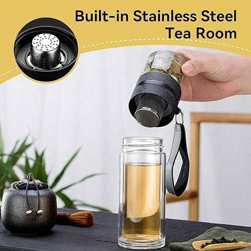 Miniatura 9 de Botella infusora de té, 16.9 fl oz16 oz, botella de agua de vidrio de doble pared, taza de té de viaje con filtro de acero inoxidable para té y agua