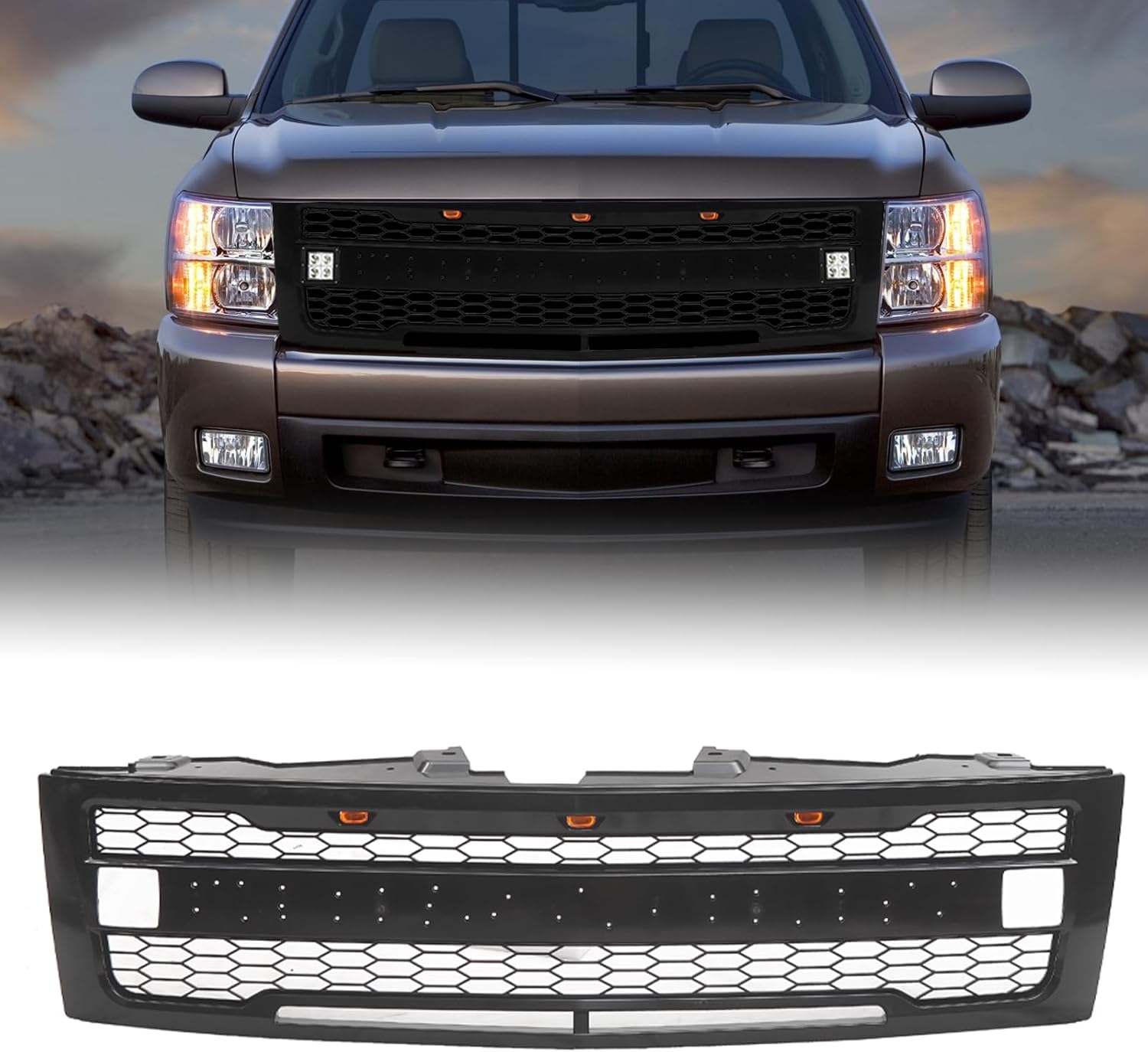 Front Grille Compatible with 2007-2013 Silverado 1500 LS/LT/LTZ/WT Models, Aftermarket Matte Black Grille with 3 LED Lights and 2 Side Lights, Black Letters