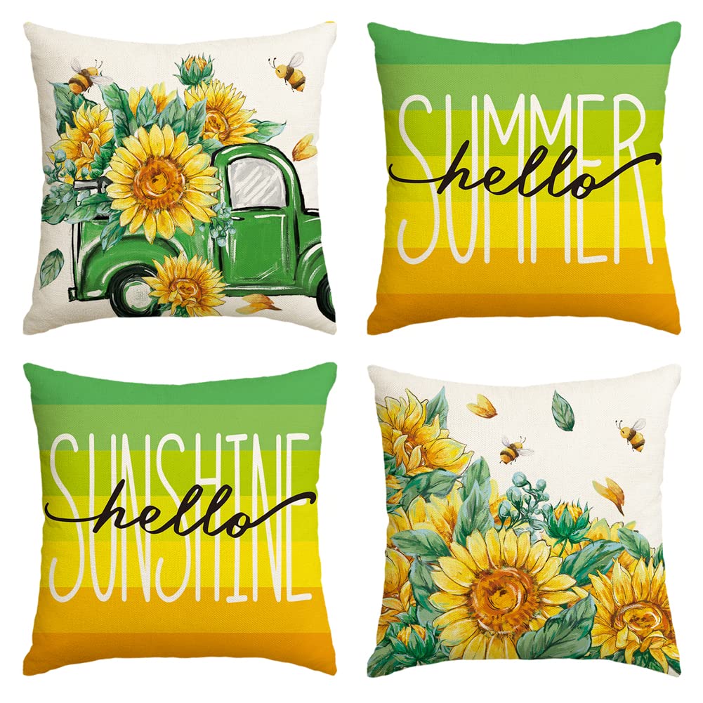 AVOIN colorlife Hello Summer Sunflower Gradient Stripes Throw Pillow Covers, 18 x 18 Inch Hello Sunshine Cushion Case for Sofa Couch Set of 4