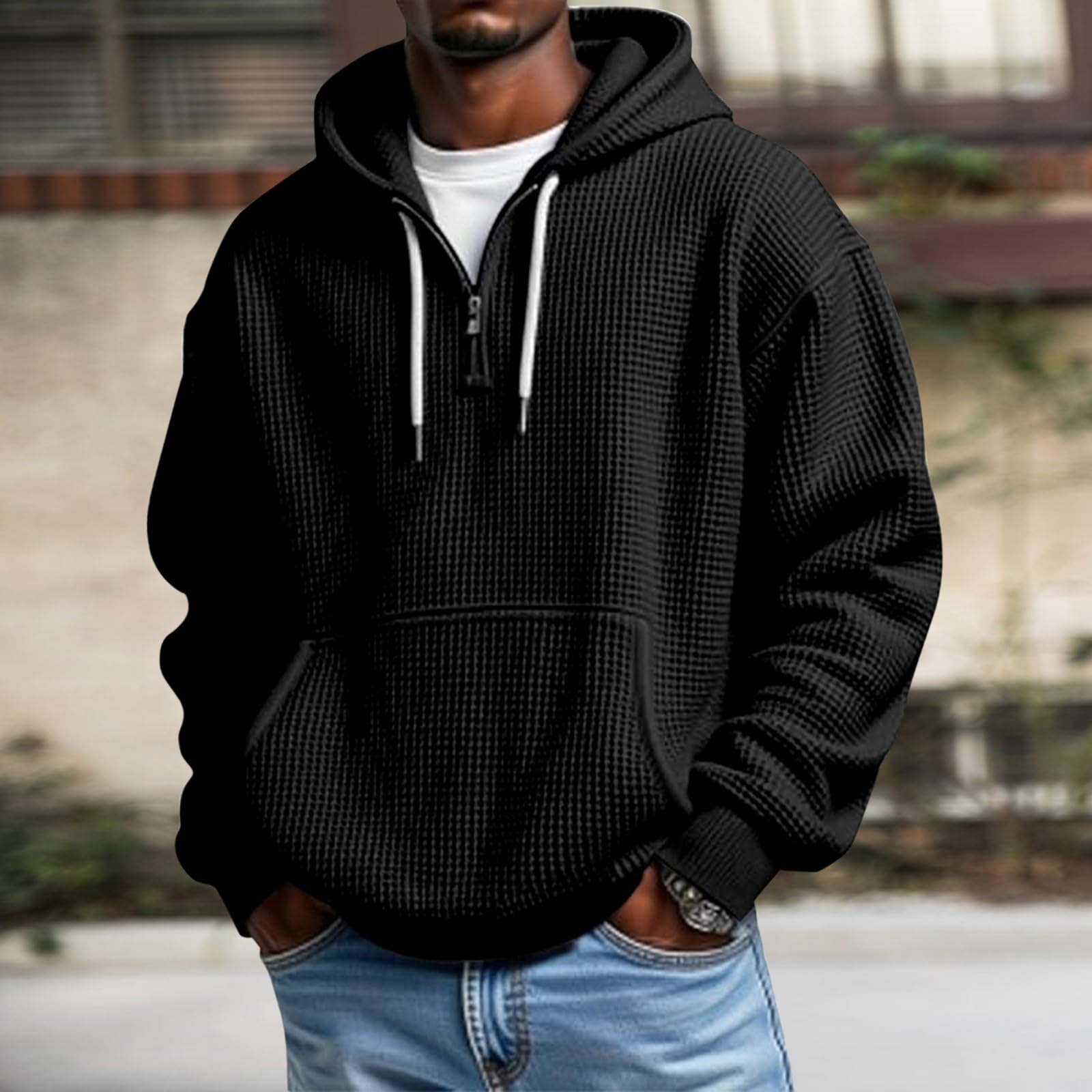 Hoodie Herren Oversize Waffelmutter Kapuzenpullover Mit Quarter Zip Hoody